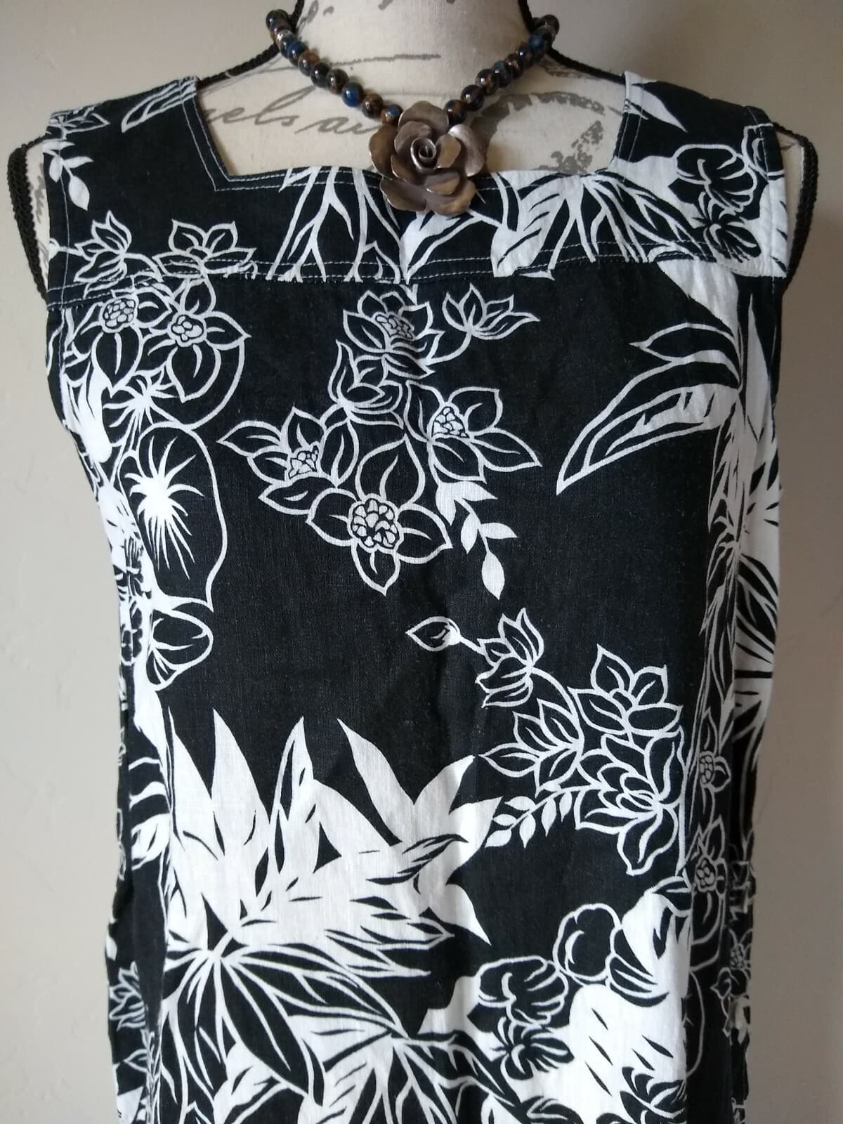 MATCH Linen Midi Tunic Dress Sleeveless Floral Square Neck Black White Sz.12p - Thumbnail 4