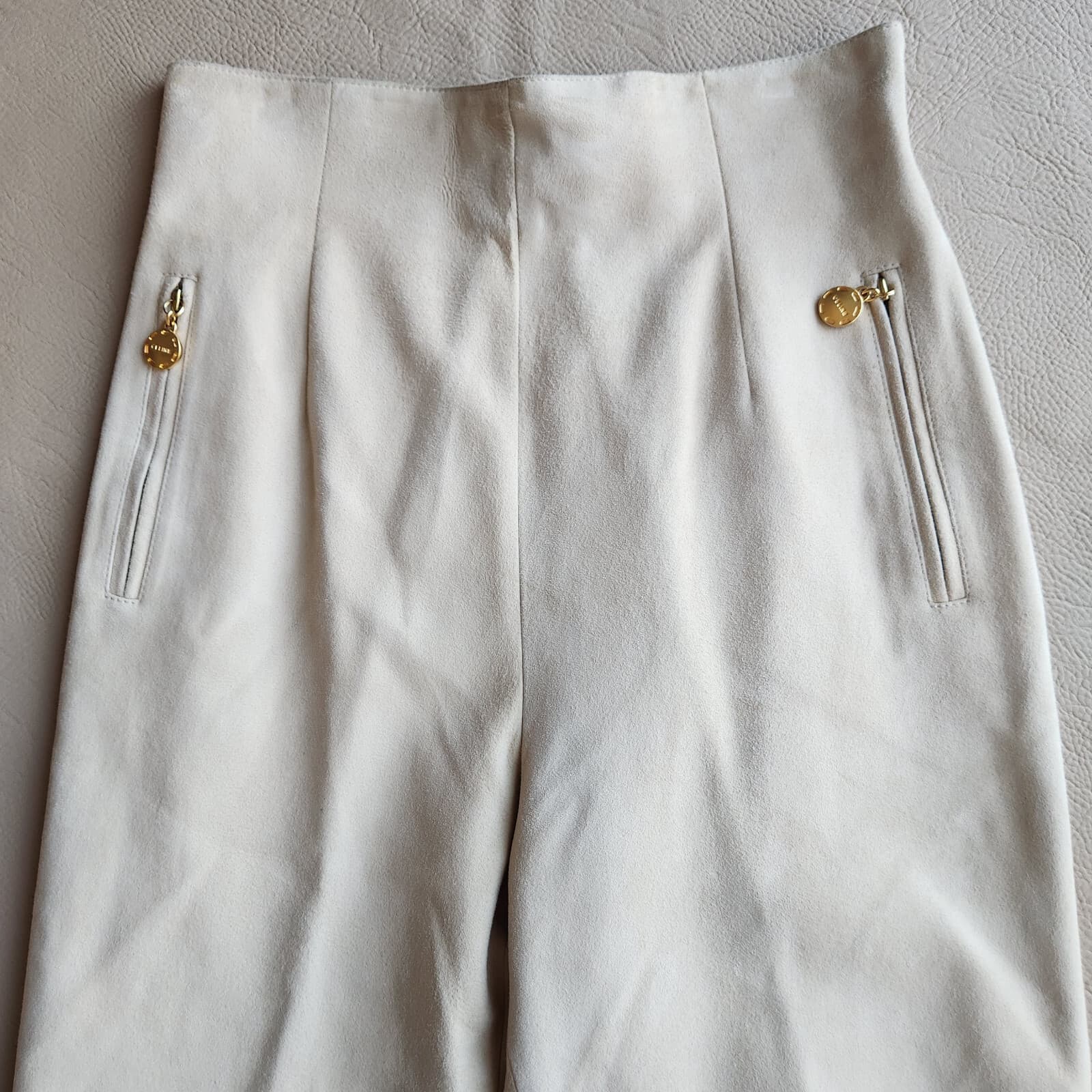 Celine Paris 100% Lamb Suede High Waist Pants Gold Accent Pocket Beige Sz.38 - Thumbnail 3