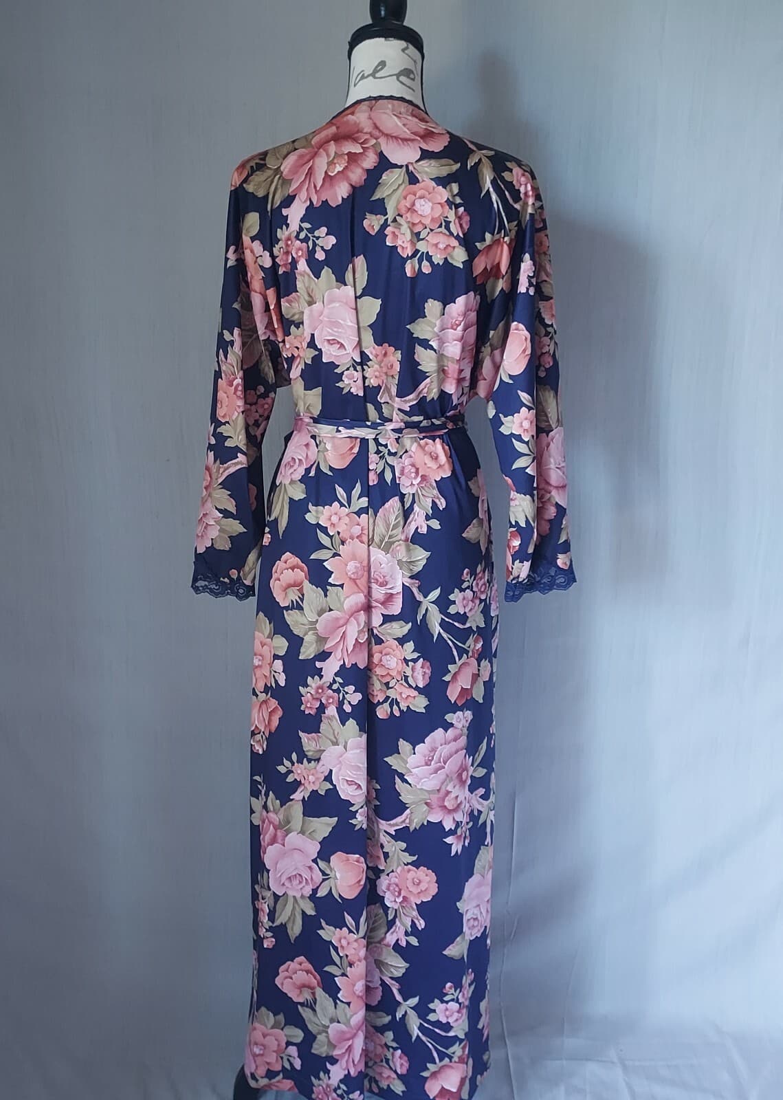Vintage LORRAINE Floral Kimono Maxi Robe Lace Trim Multicolor Sz.1X Made in USA - Thumbnail 4