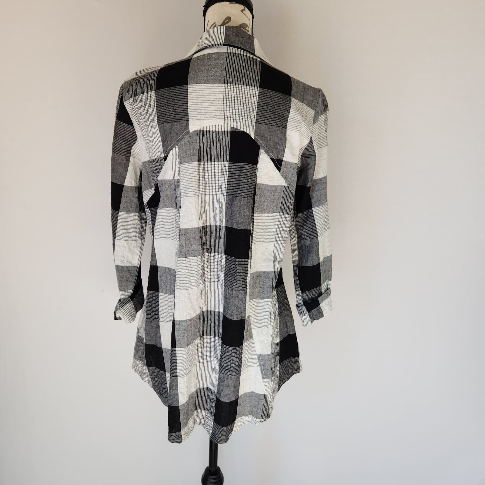 Habitat Chrinkle Lagenlook Plaid Shirt Button-Up 3/4 Sleeve Black White Womens S - Thumbnail 4