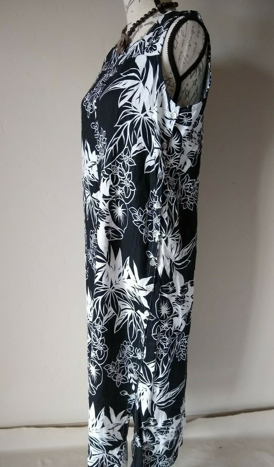 MATCH Linen Midi Tunic Dress Sleeveless Floral Square Neck Black White Sz.12p - Thumbnail 5