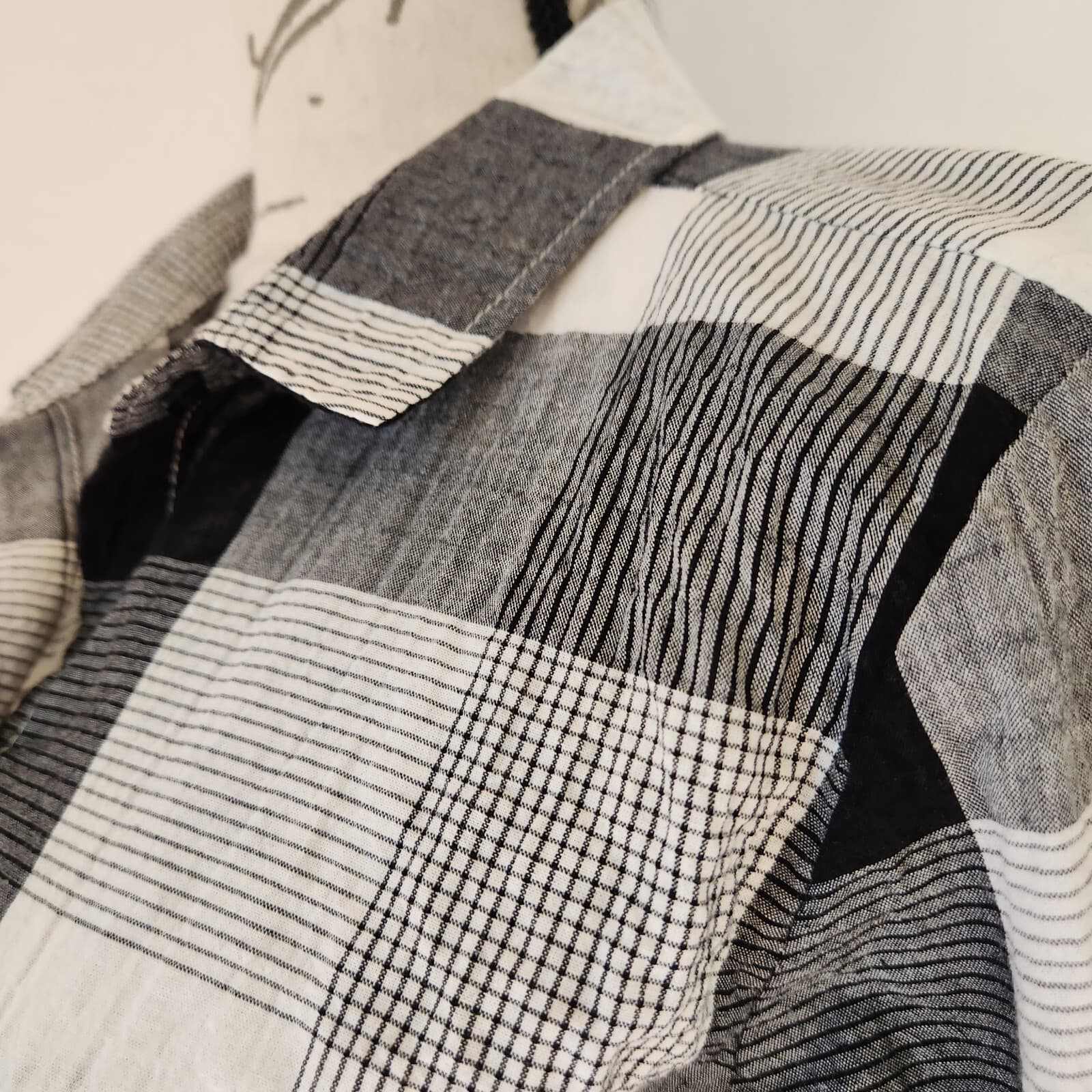 Habitat Chrinkle Lagenlook Plaid Shirt Button-Up 3/4 Sleeve Black White Womens S - Thumbnail 3