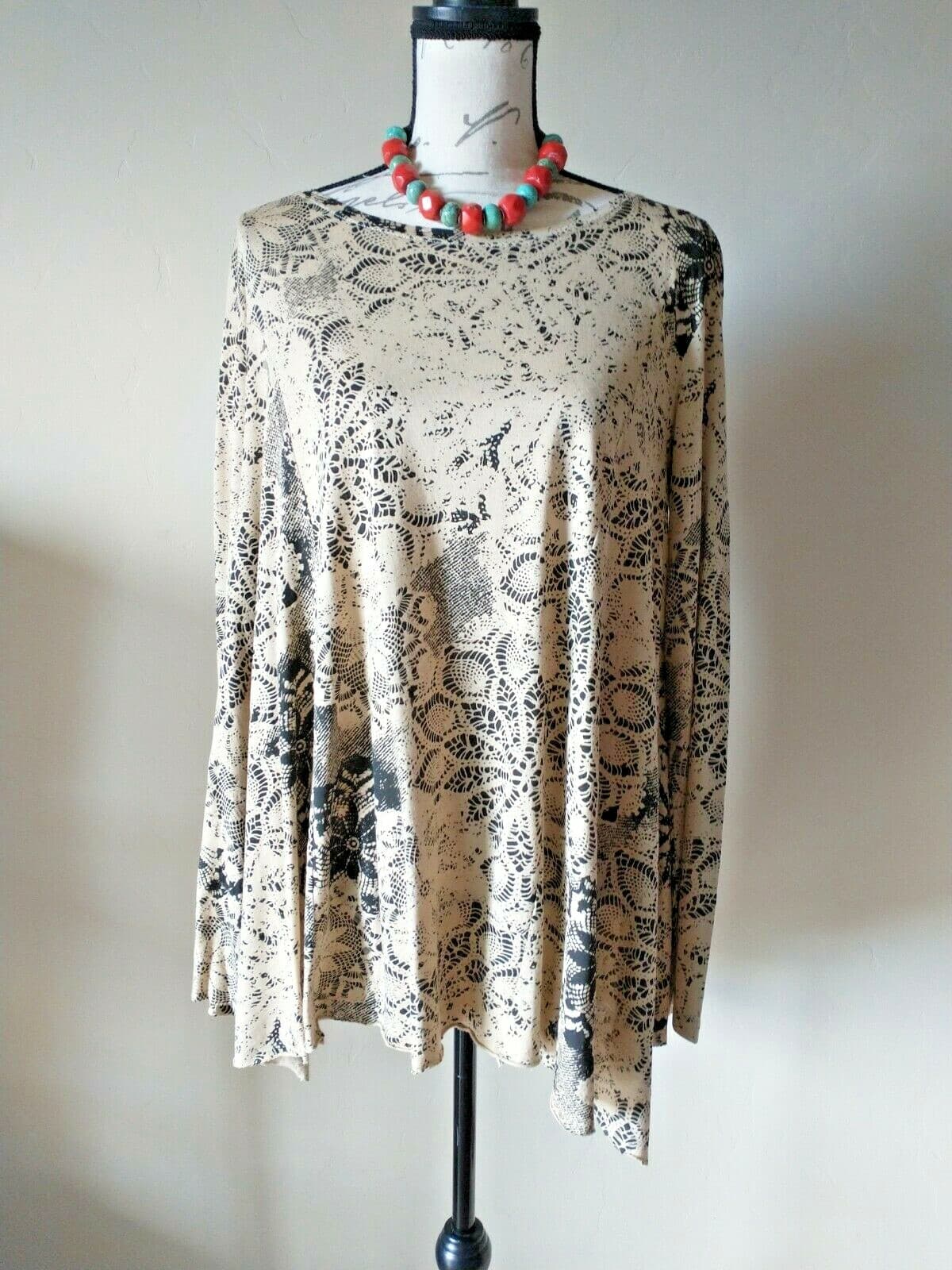 Peruvian Connection Knit Swing Top Long Sleeve Raw Hem Hi-lo Brown Oversize XS/S