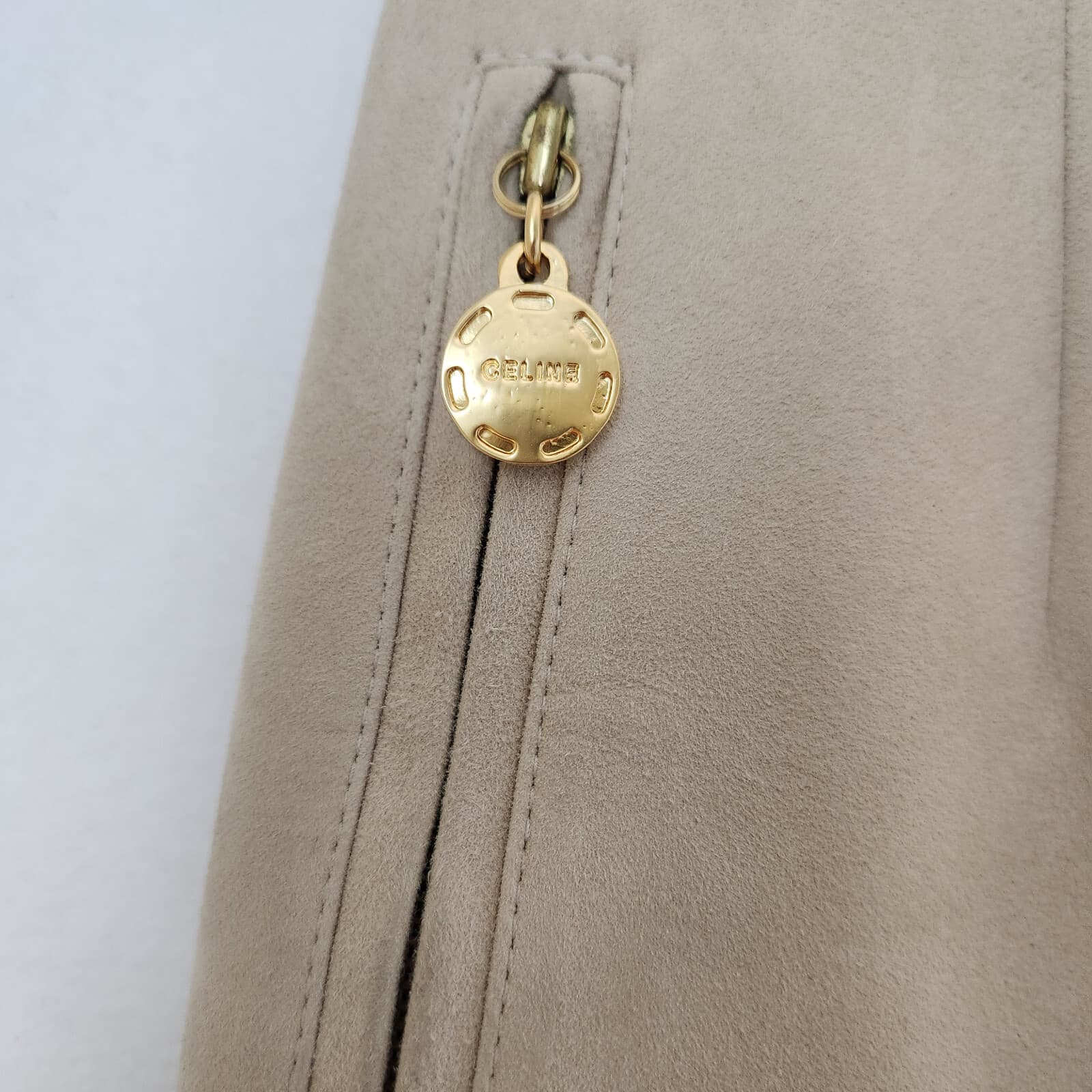 Celine Paris 100% Lamb Suede High Waist Pants Gold Accent Pocket Beige Sz.38 - Thumbnail 4