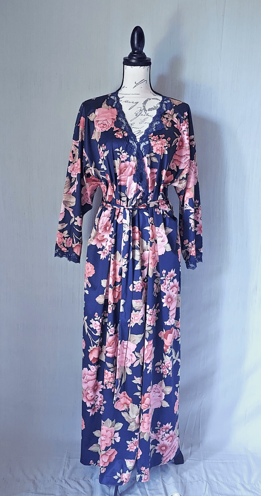 Vintage LORRAINE Floral Kimono Maxi Robe Lace Trim Multicolor Sz.1X Made in USA - Thumbnail 2