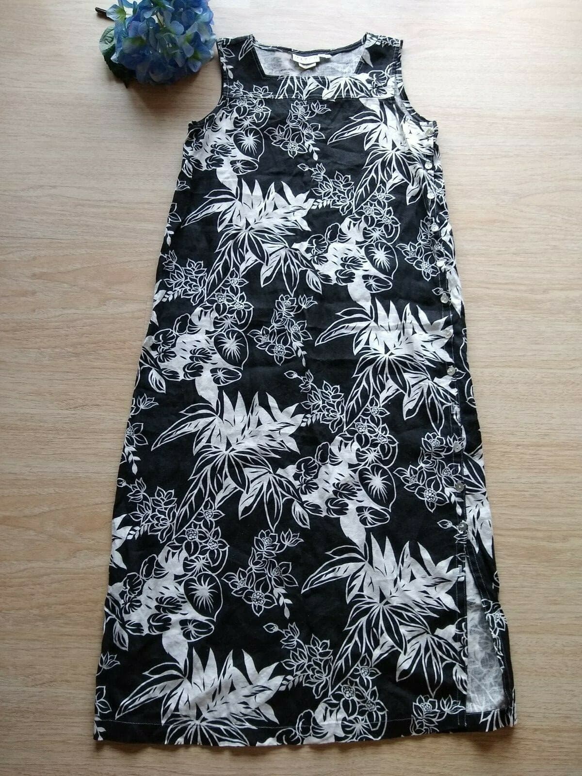 MATCH Linen Midi Tunic Dress Sleeveless Floral Square Neck Black White Sz.12p - Thumbnail 2