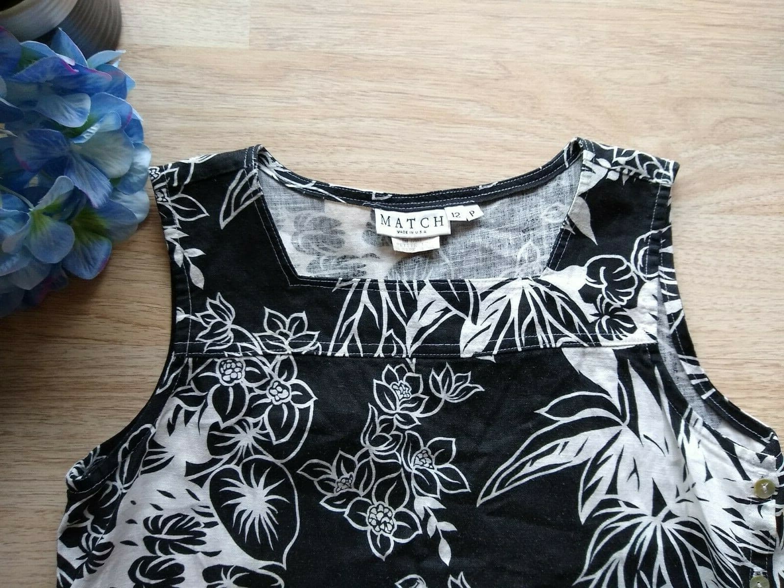MATCH Linen Midi Tunic Dress Sleeveless Floral Square Neck Black White Sz.12p - Thumbnail 3
