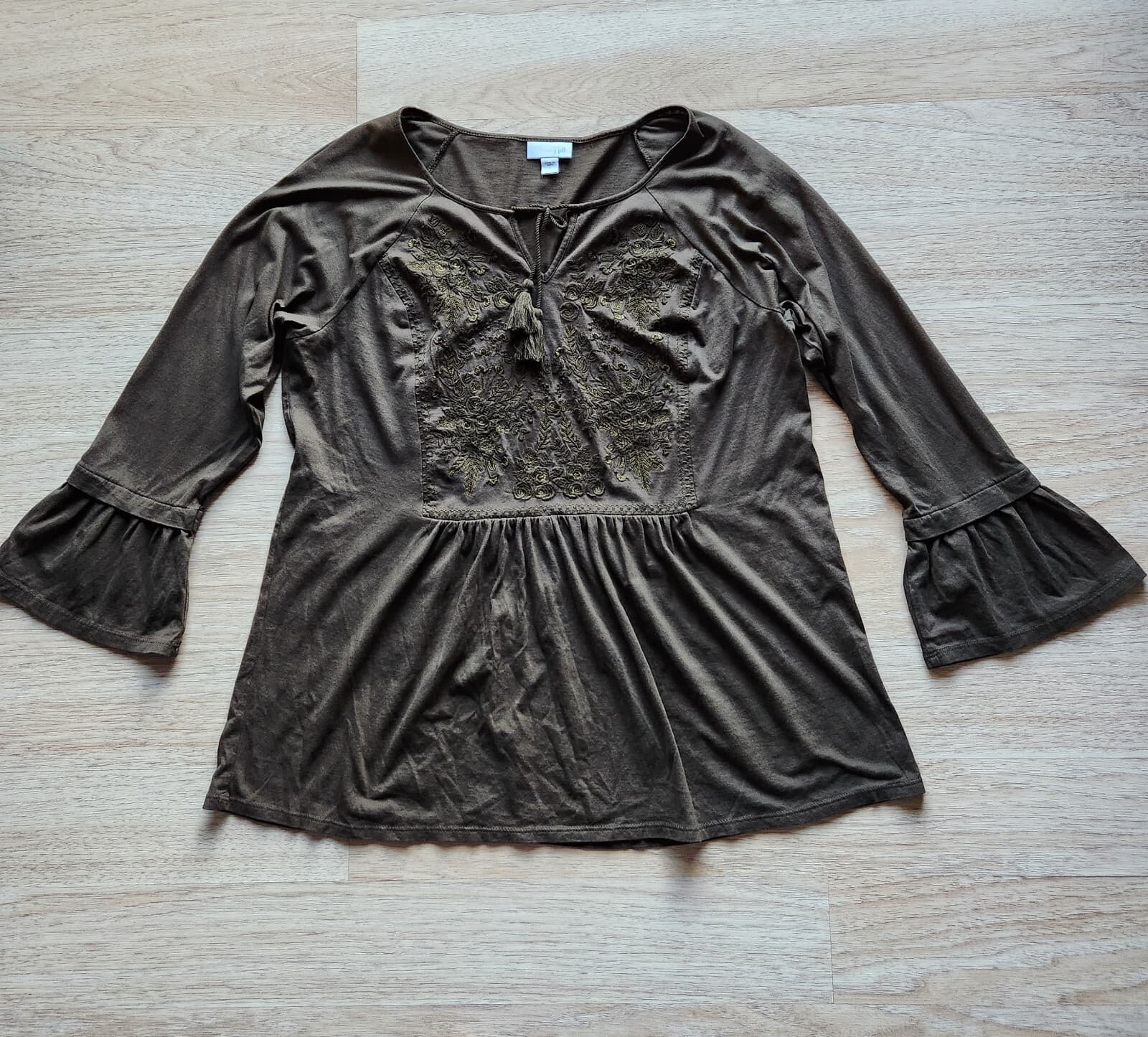 NWoT J.Jill Embroidered Peplum Boho Top Bell Sleeve Modal Blend Pine Green Sz.L - Thumbnail 4