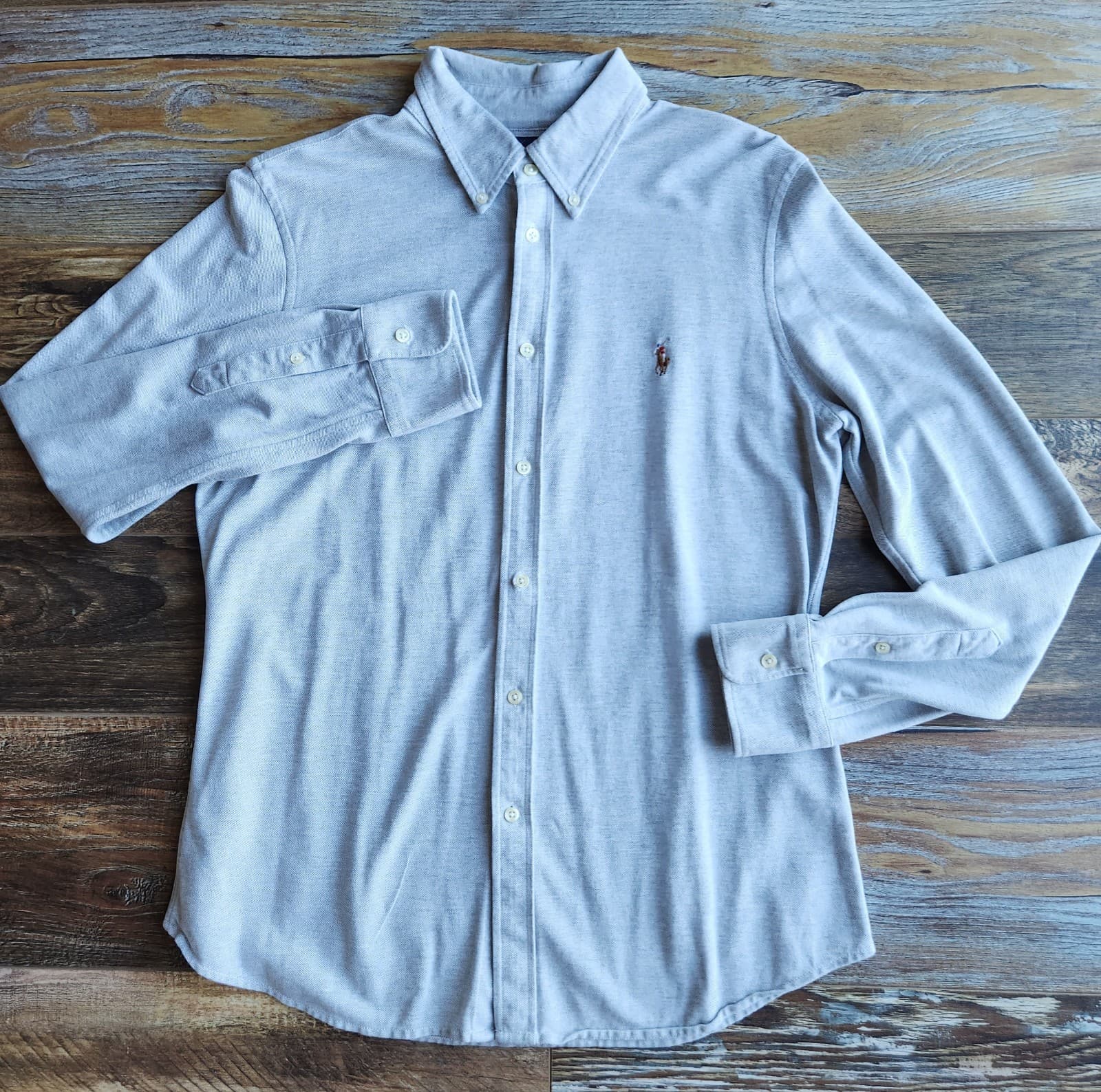 Ralph Lauren Pony Knit Oxford Shirt Button-Down Long Sleeve Cotton Grey Men's XL - Thumbnail 2