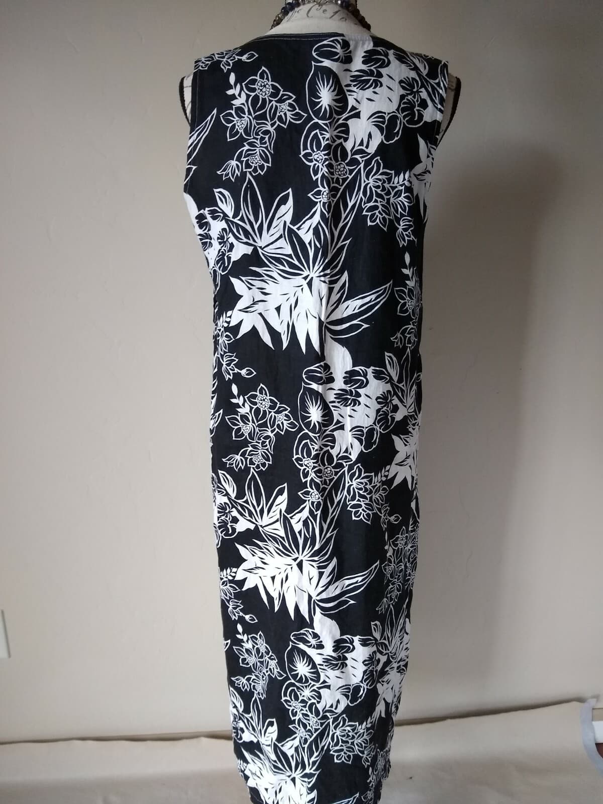 MATCH Linen Midi Tunic Dress Sleeveless Floral Square Neck Black White Sz.12p - Thumbnail 7