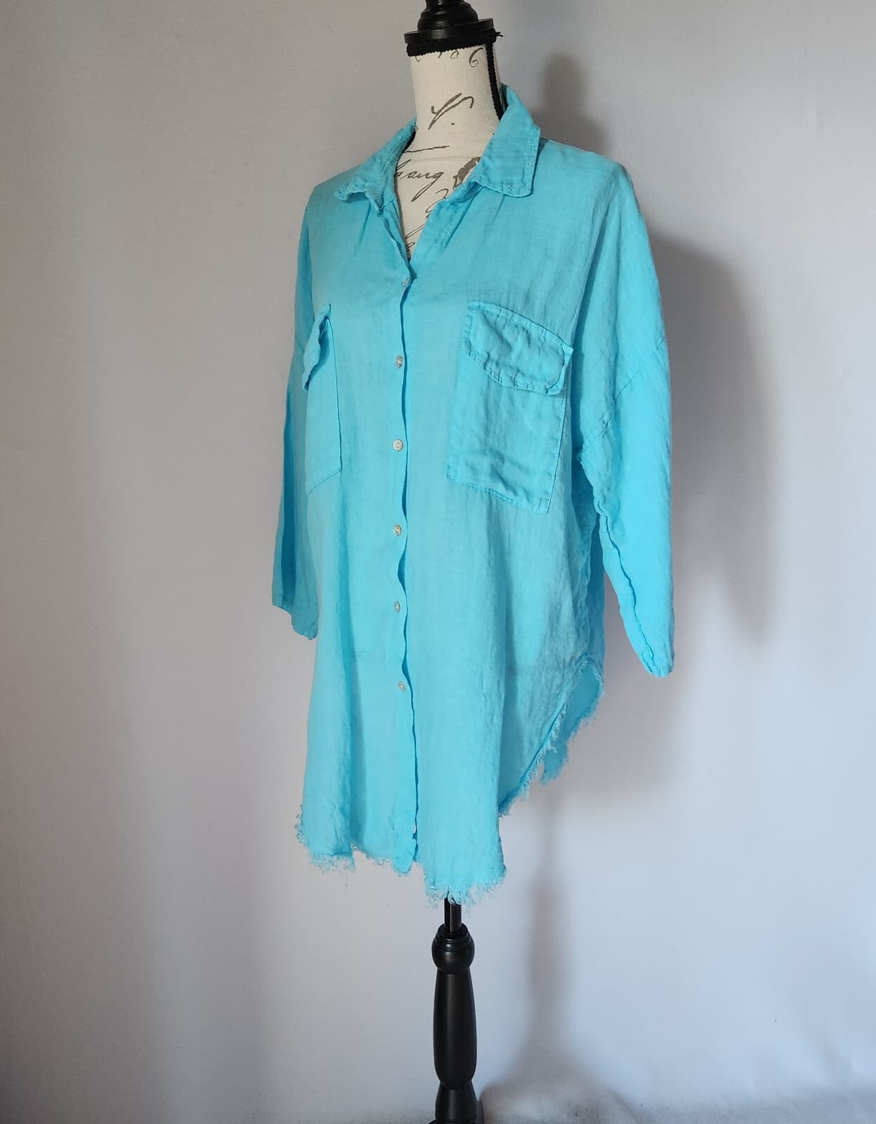Made in Italy Linen Tunic Button-Down Shirt 3/4 Sleeve Frayed Hem Blue Bust 50" - Thumbnail 2