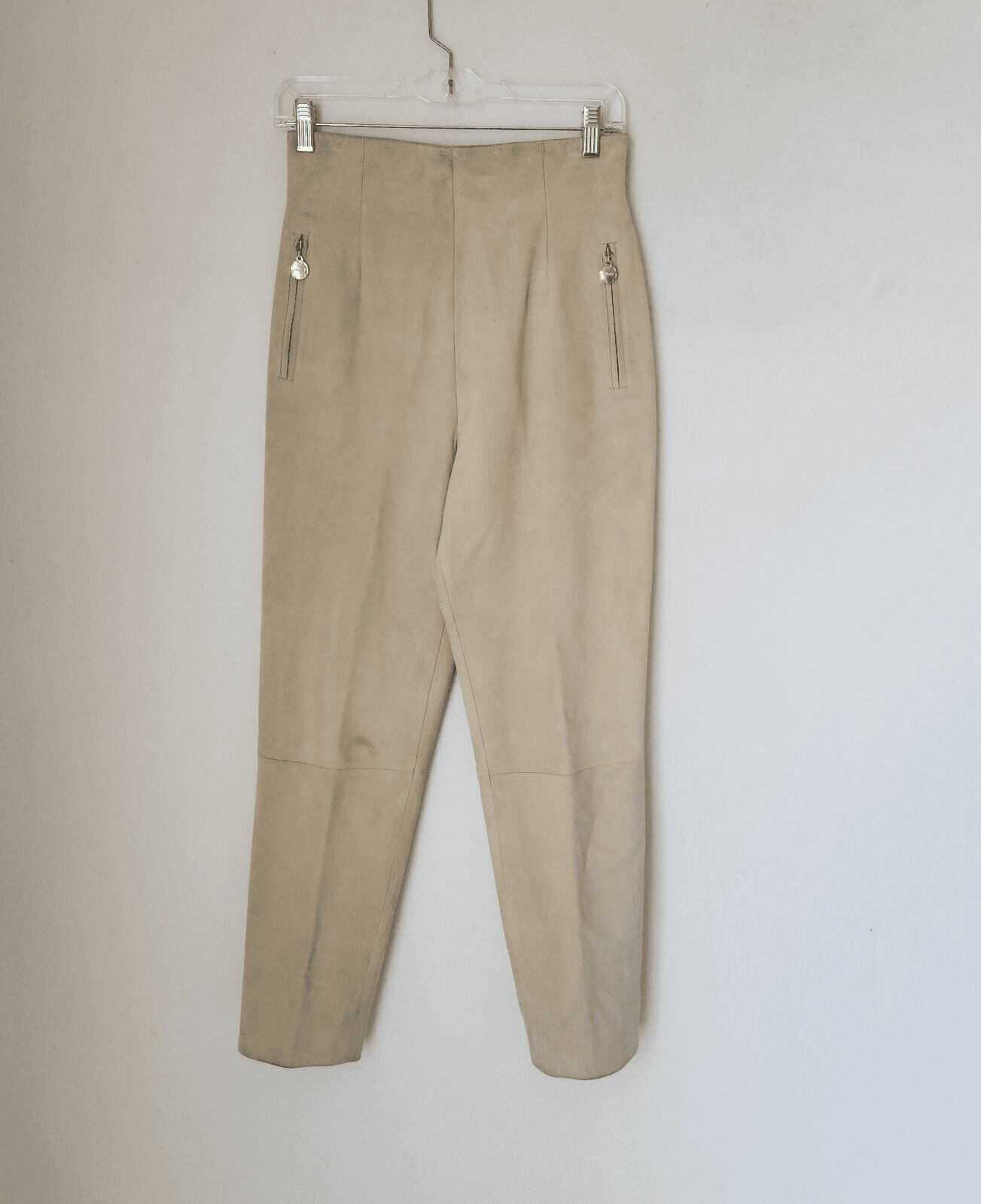 Celine Paris 100% Lamb Suede High Waist Pants Gold Accent Pocket Beige Sz.38 - Thumbnail 2