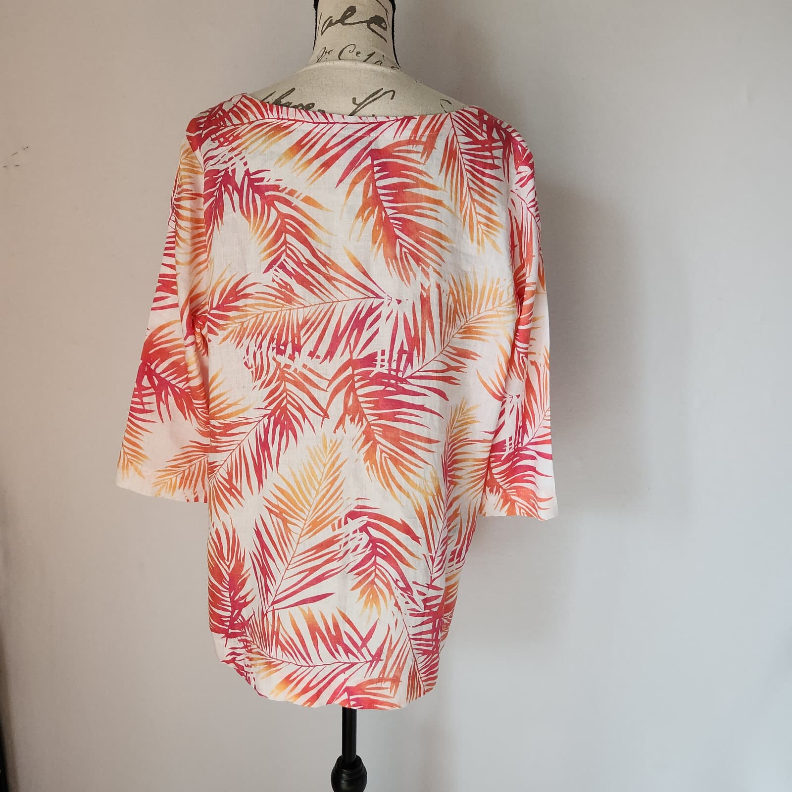J.Jill Linen Palm Leaf Tropical Tunic Top V-Neck 3/4 Sleeve Red Orange Sz.XL - Thumbnail 4