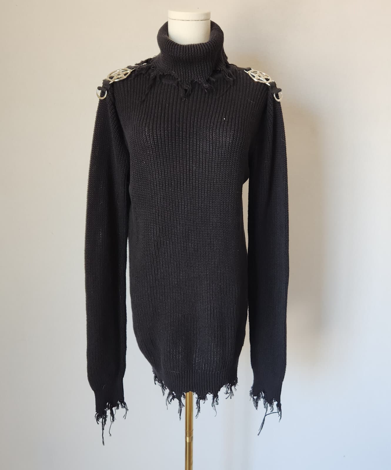KILLSTAR The Mourning After Rib Knit Gothic Sweater Frayed Hem Black Unisex XS - Thumbnail 2