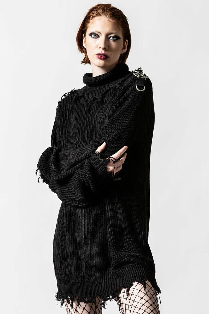 KILLSTAR The Mourning After Rib Knit Gothic Sweater Frayed Hem Black Unisex XS - Thumbnail 5