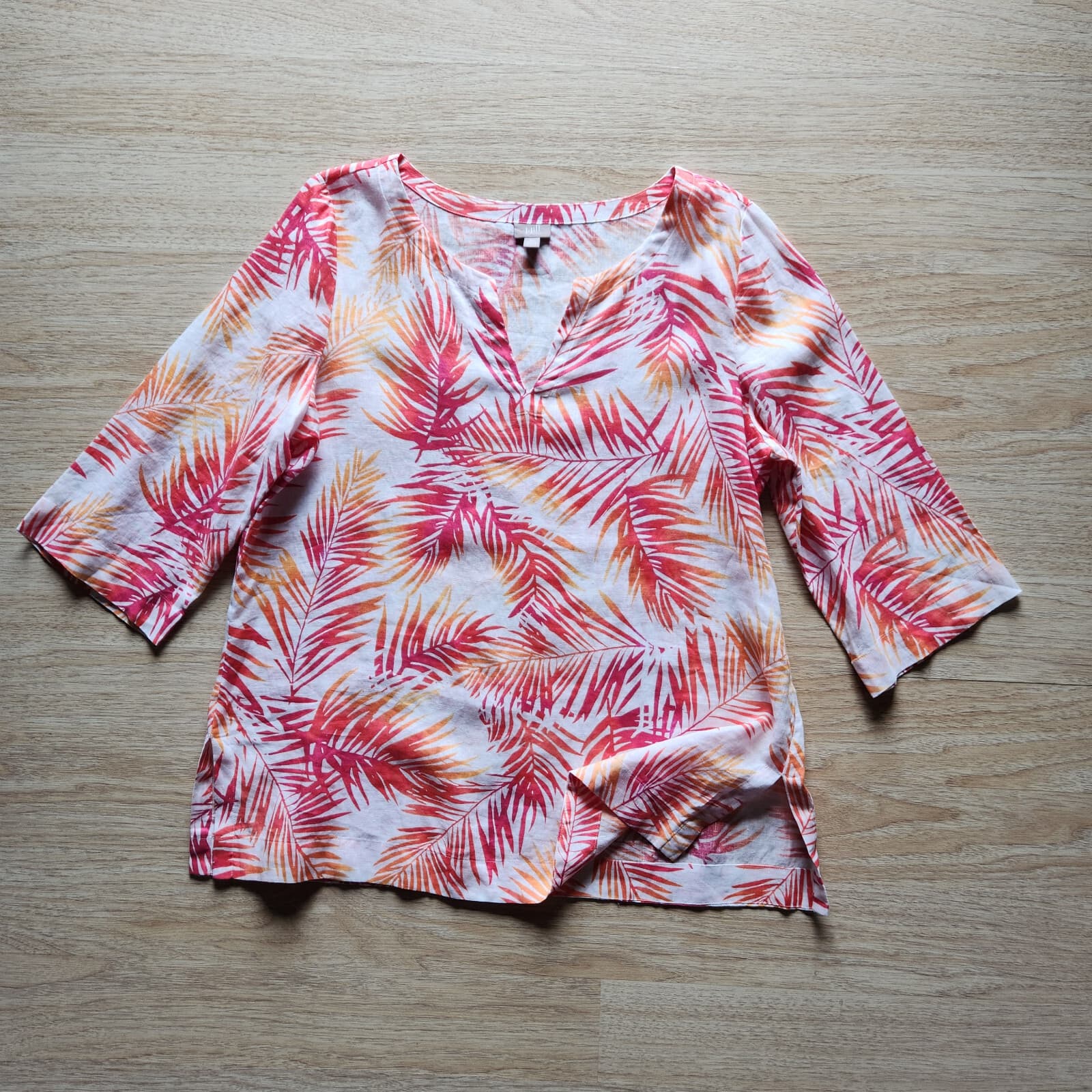 J.Jill Linen Palm Leaf Tropical Tunic Top V-Neck 3/4 Sleeve Red Orange Sz.XL - Thumbnail 5