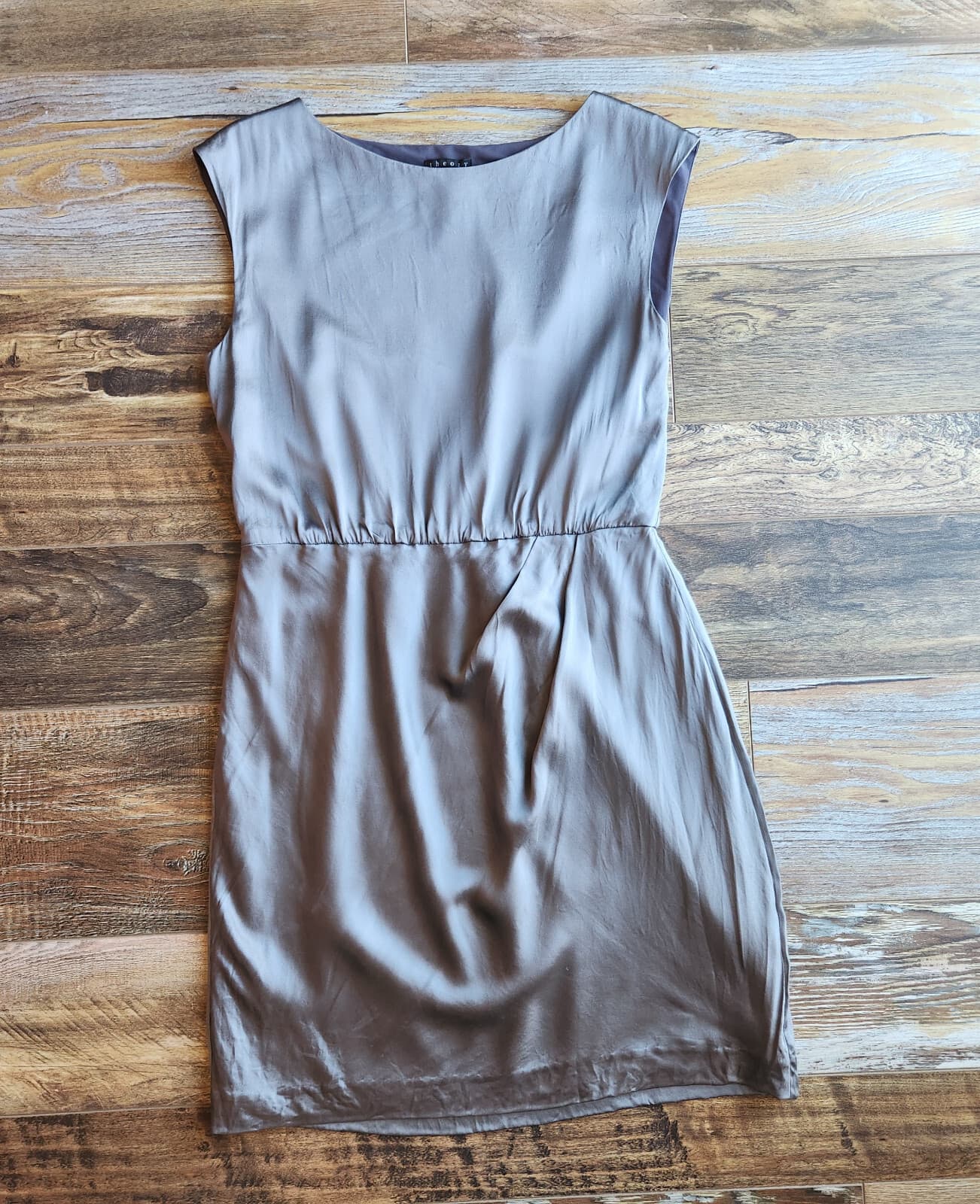 Theory Arena Charmed 100% Silk Satin Mini Dress Ruched Sleeveless Grey Women's 6 - Thumbnail 5
