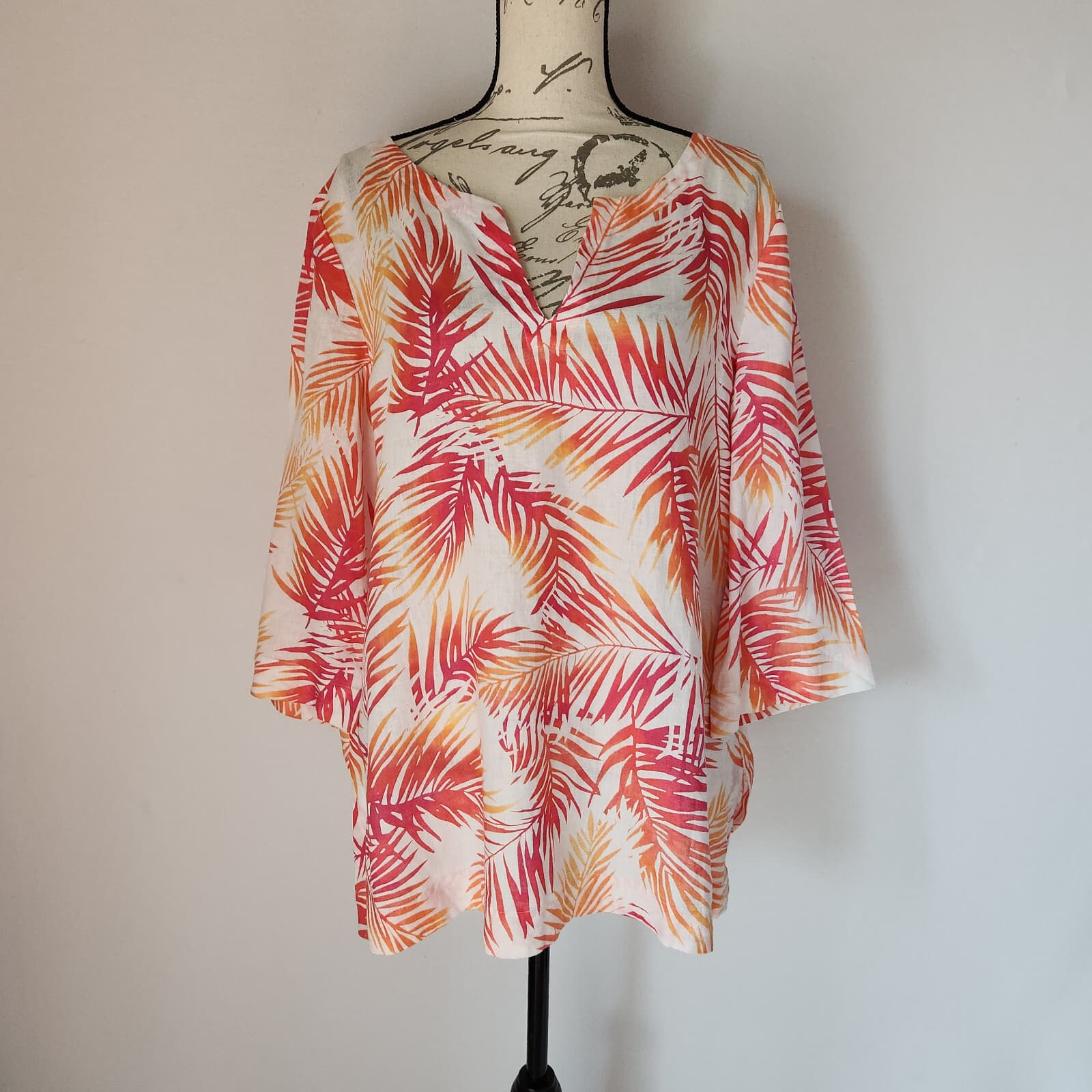 J.Jill Linen Palm Leaf Tropical Tunic Top V-Neck 3/4 Sleeve Red Orange Sz.XL - Thumbnail 2
