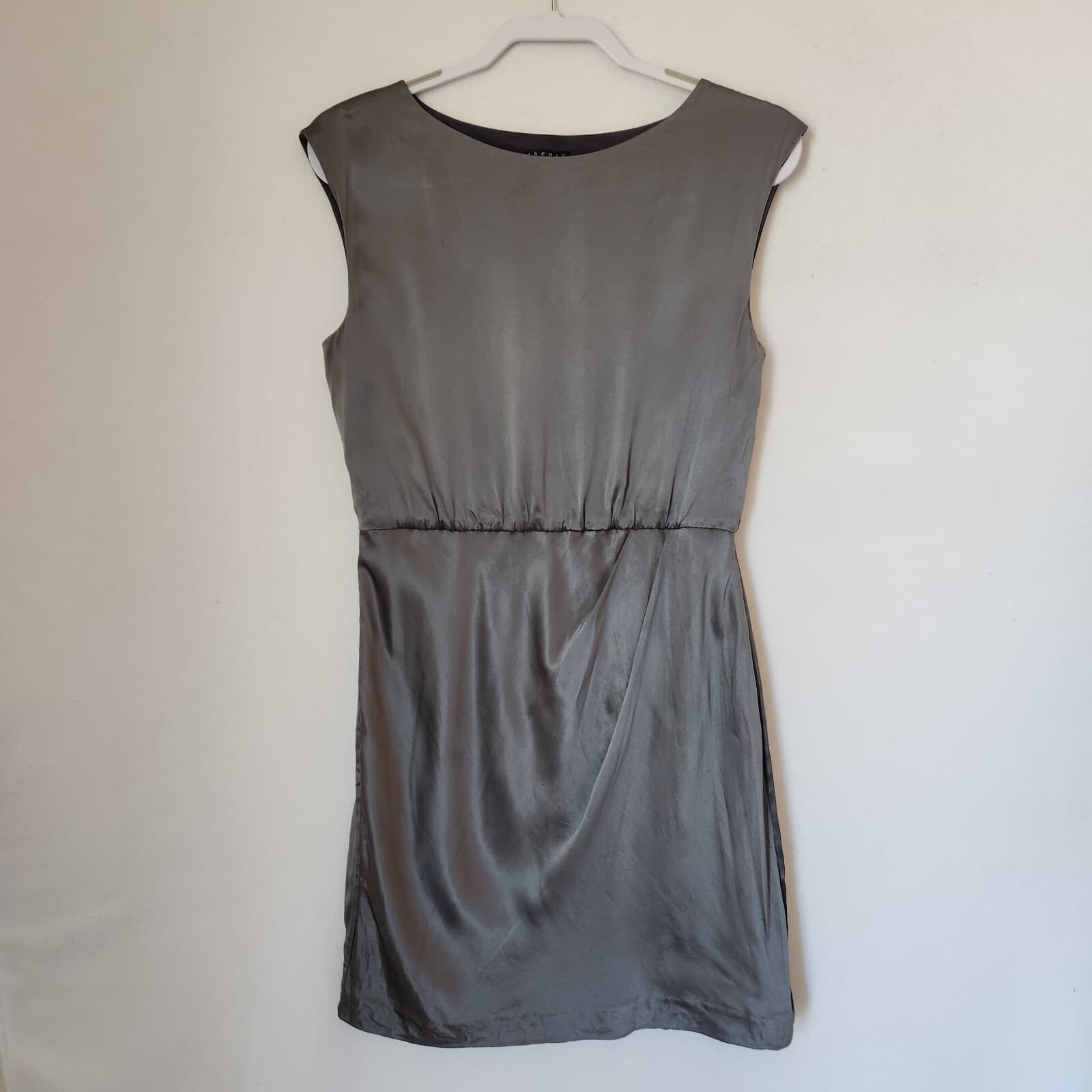 Theory Arena Charmed 100% Silk Satin Mini Dress Ruched Sleeveless Grey Women's 6 - Thumbnail 4