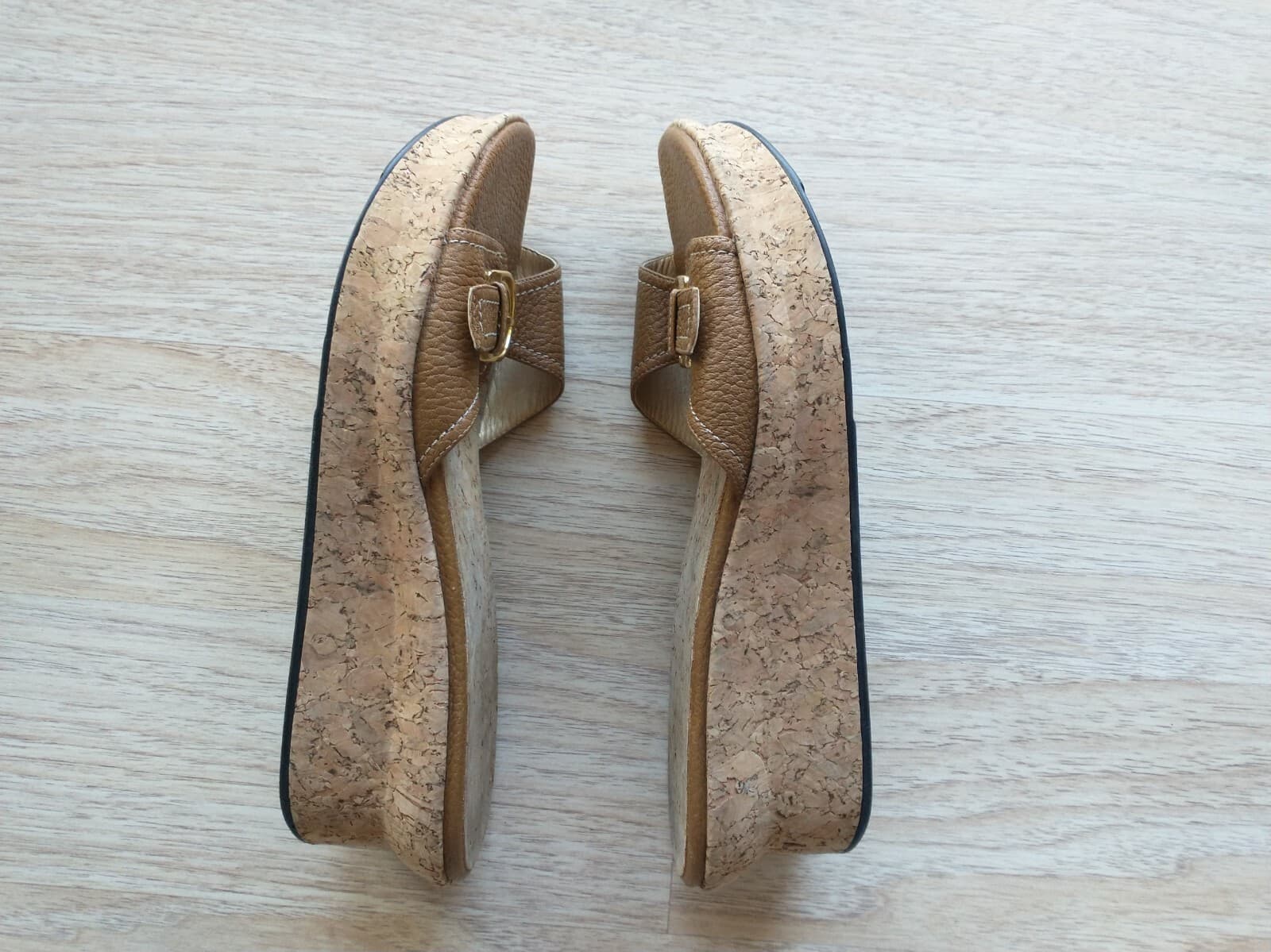 Stuart Weitzman Woman Brown Leather Cork Wedges Sandals Slid-on Buckles US9.5B - Thumbnail 6