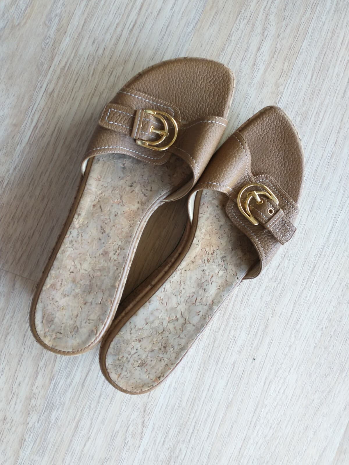 Stuart Weitzman Woman Brown Leather Cork Wedges Sandals Slid-on Buckles US9.5B - Thumbnail 4