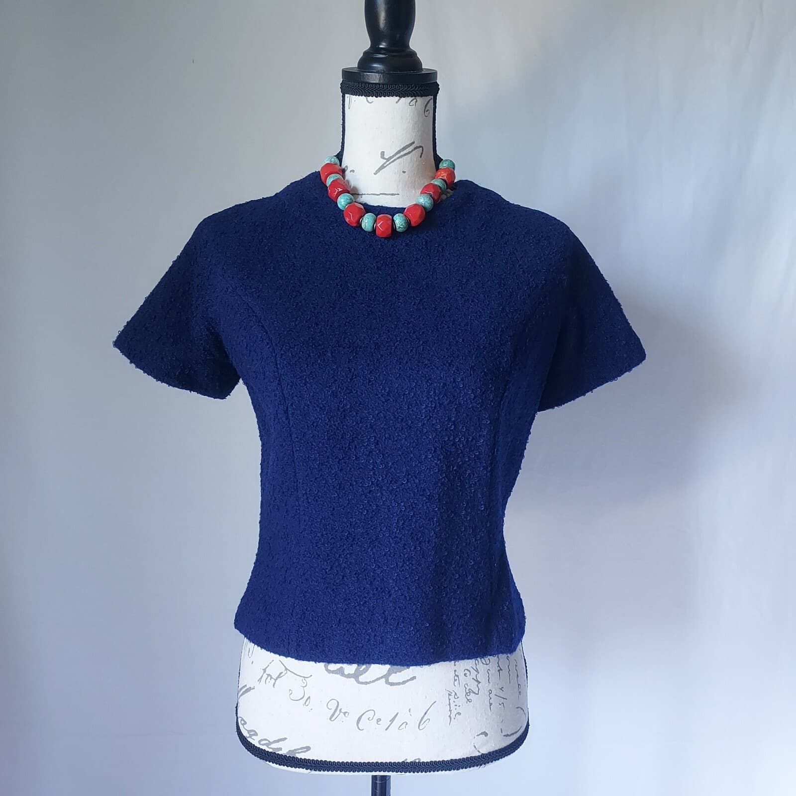 Vintage Custom Made 2Pc Tweed Wool Top + Overcoat Button Navy Blue Women Sz.10 - Thumbnail 3