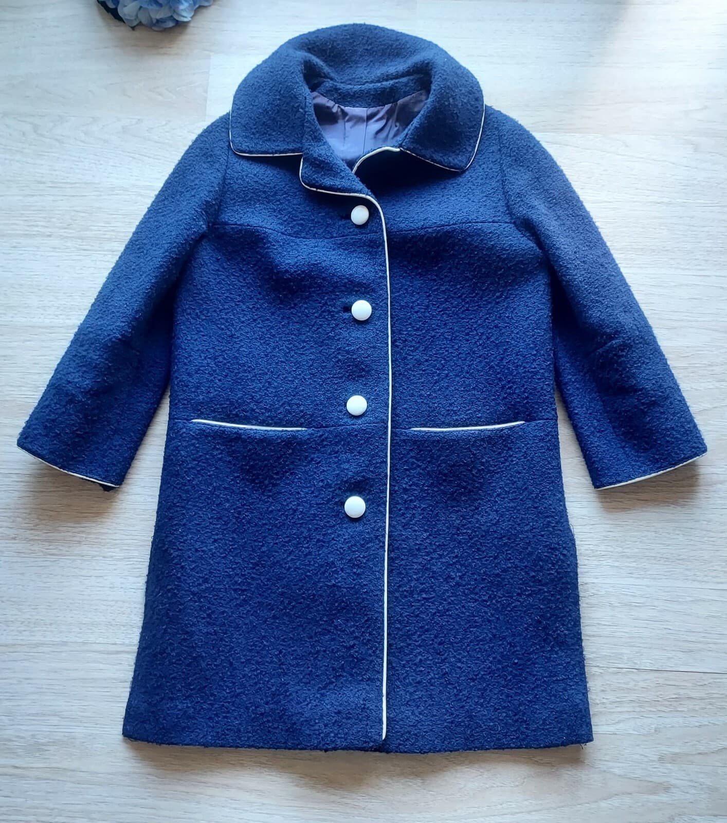 Vintage Custom Made 2Pc Tweed Wool Top + Overcoat Button Navy Blue Women Sz.10 - Thumbnail 4