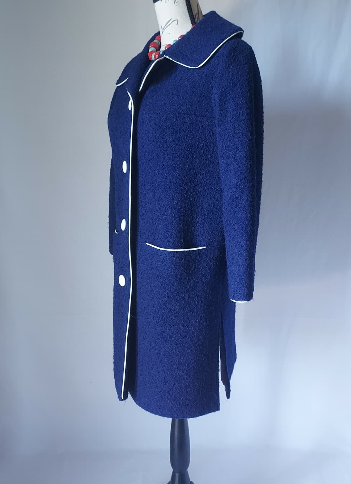Vintage Custom Made 2Pc Tweed Wool Top + Overcoat Button Navy Blue Women Sz.10 - Thumbnail 8