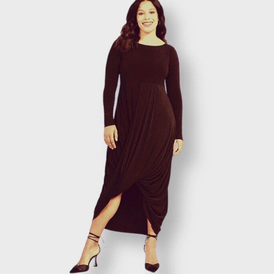 Sympli Swag Party Evening Jersey Draped Ruched Dress Long Sleeve Burgundy Sz.10 - Thumbnail 2