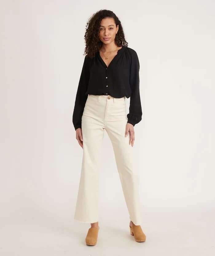 NWT Marine Layer Nixi Collarless Blouse Long Sleeve Button Black Women XL $108 - Thumbnail 5