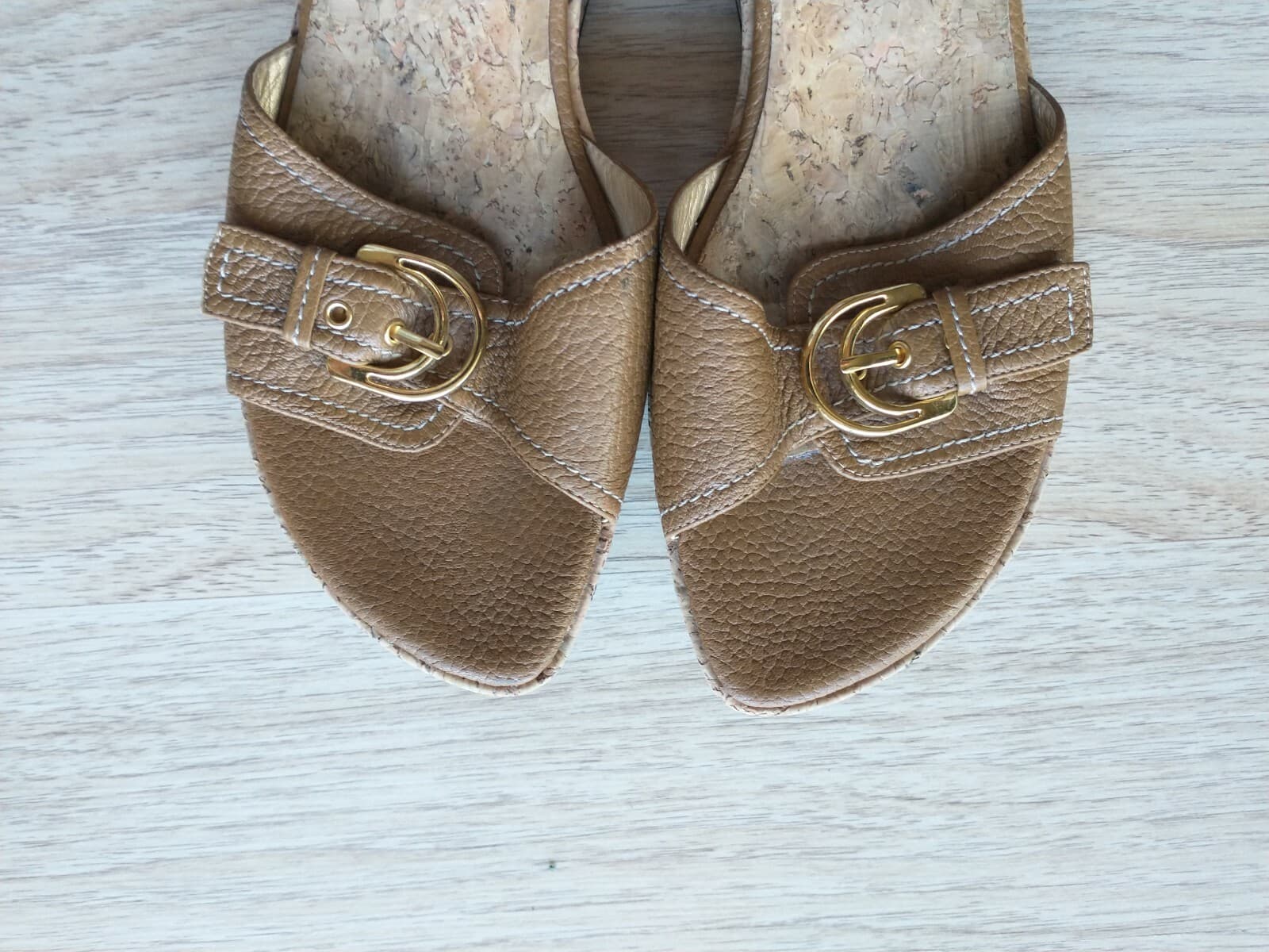 Stuart Weitzman Woman Brown Leather Cork Wedges Sandals Slid-on Buckles US9.5B - Thumbnail 7