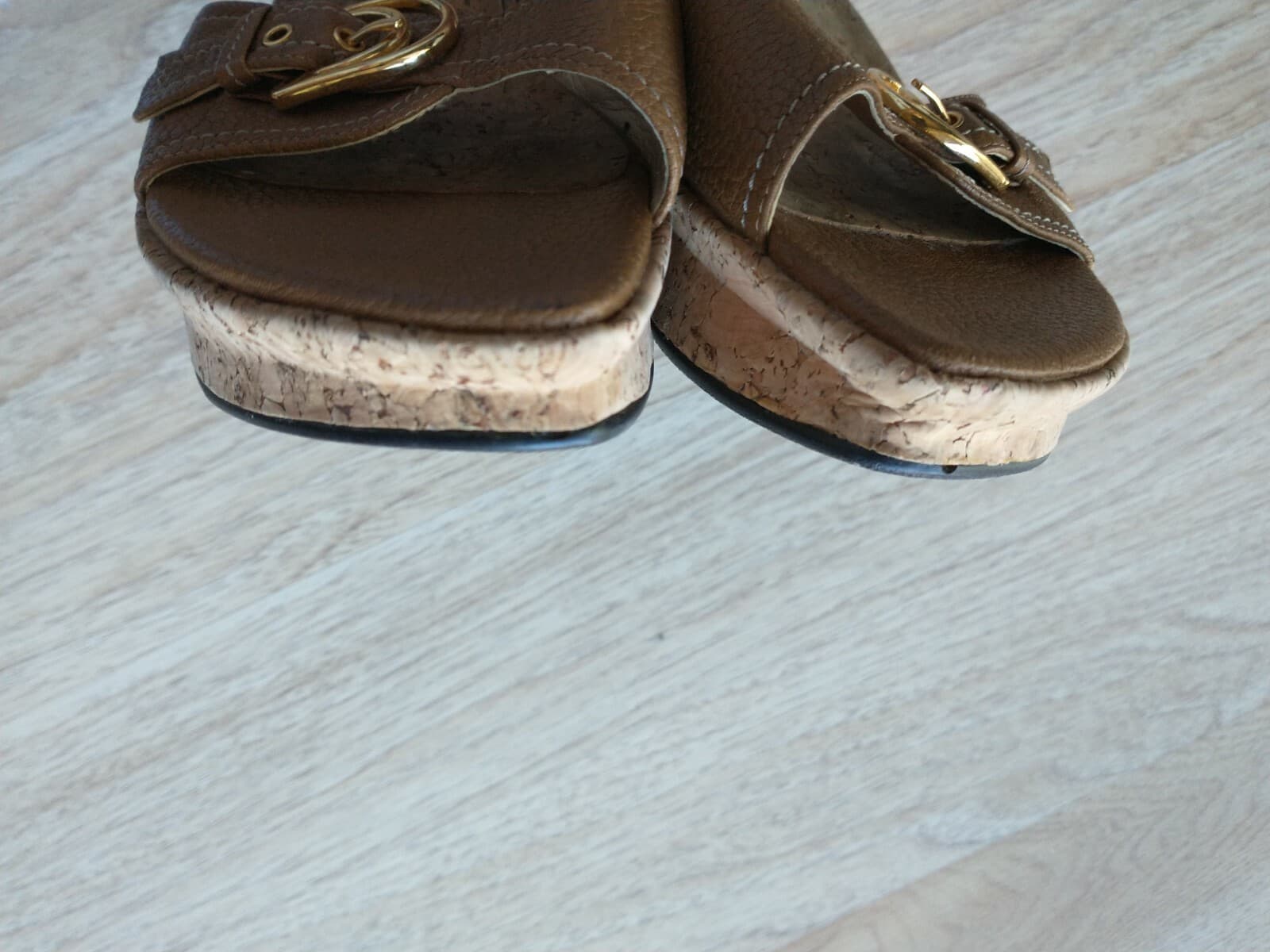 Stuart Weitzman Woman Brown Leather Cork Wedges Sandals Slid-on Buckles US9.5B - Thumbnail 8