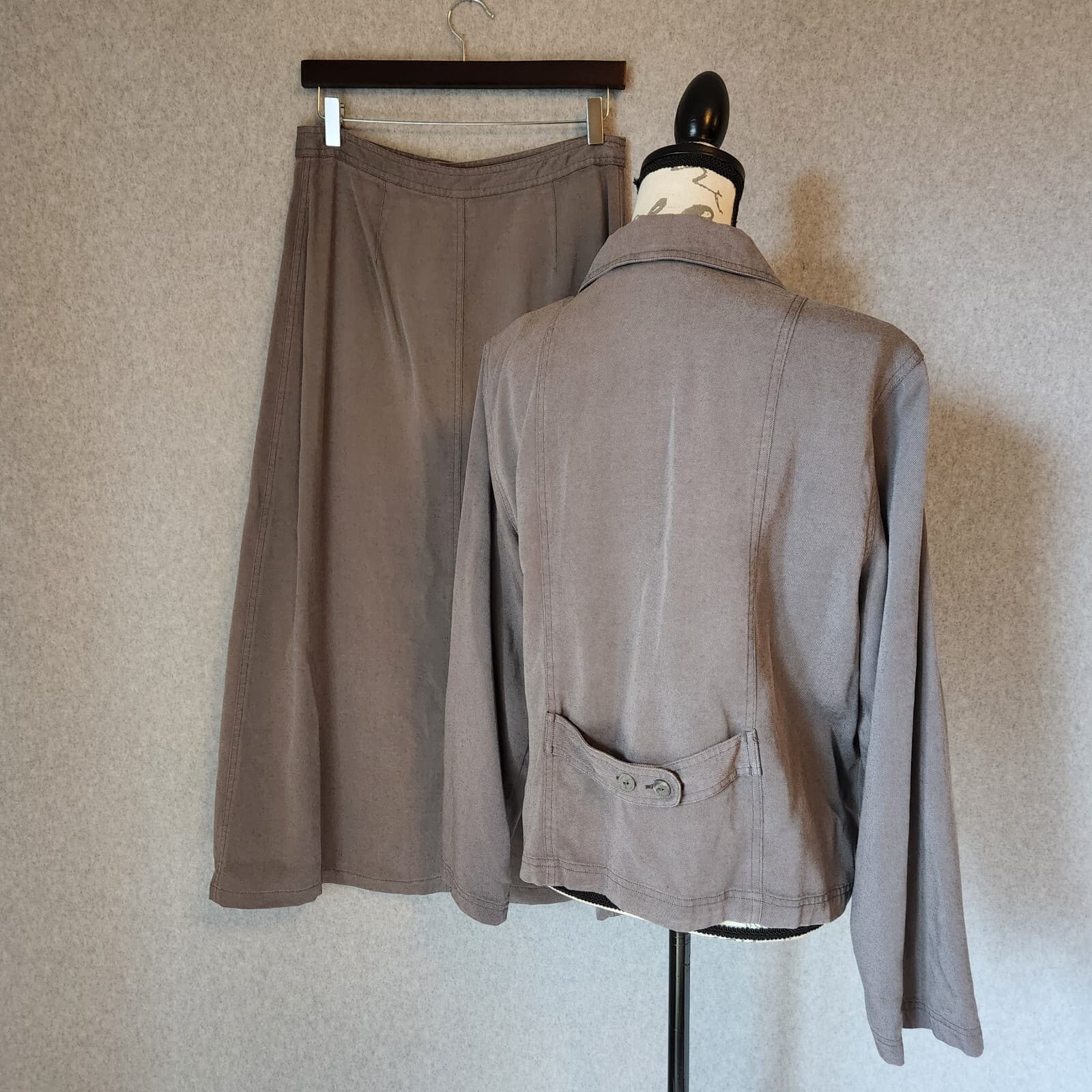 Vintage J.Jill 2 Piece of Jacket Midi A-Line Skirt Pocket Brown Tencel Women M - Thumbnail 4