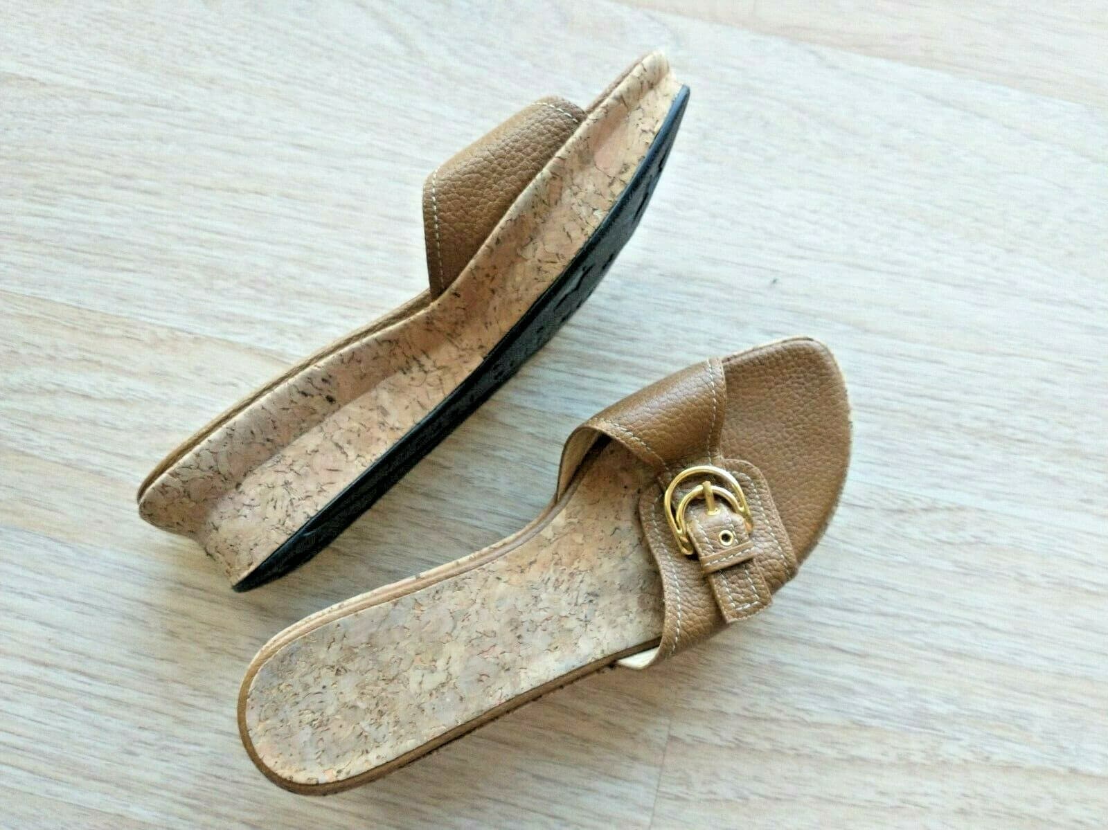 Stuart Weitzman Woman Brown Leather Cork Wedges Sandals Slid-on Buckles US9.5B - Thumbnail 2