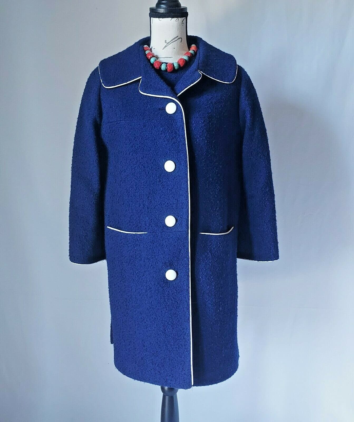 Vintage Custom Made 2Pc Tweed Wool Top + Overcoat Button Navy Blue Women Sz.10 - Thumbnail 2