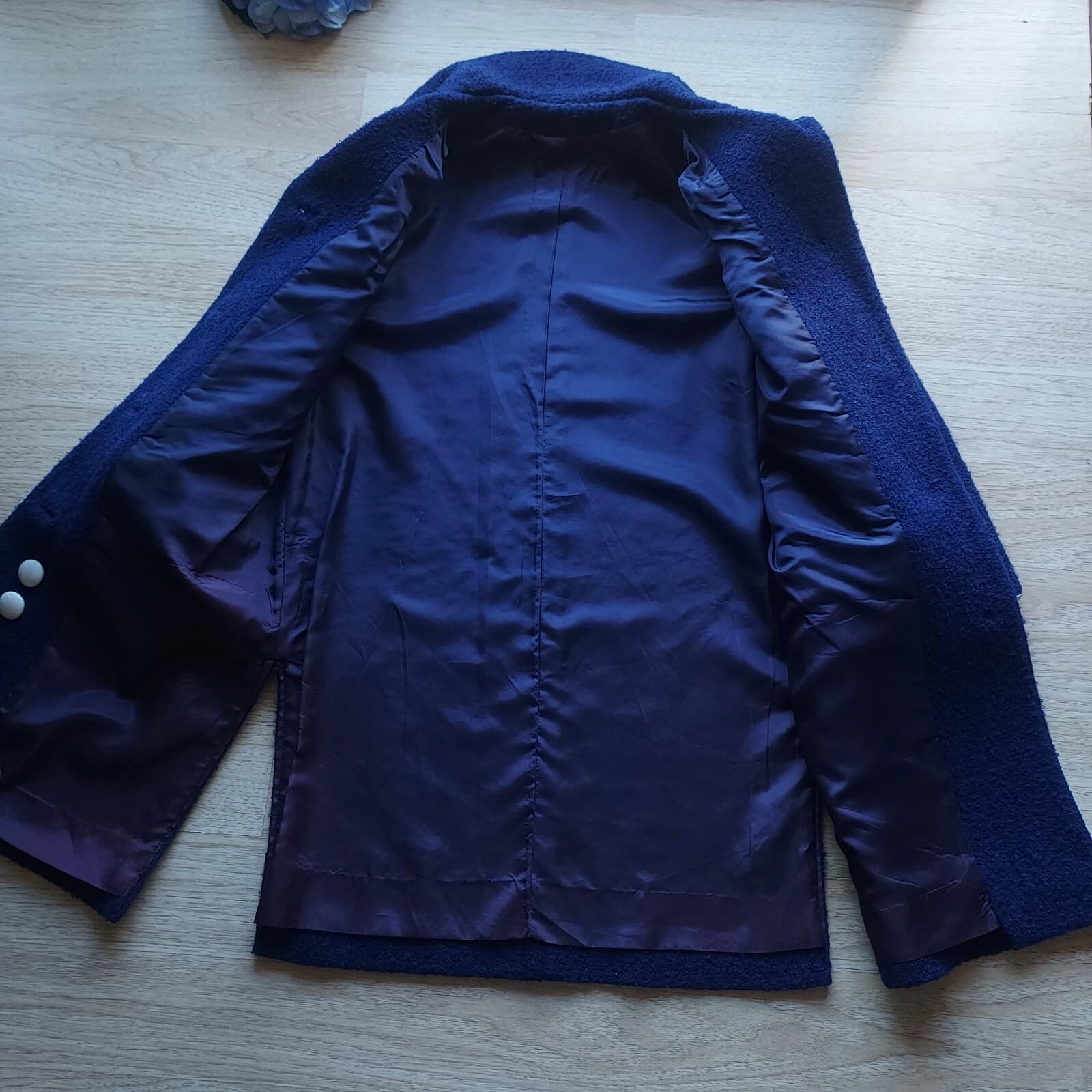 Vintage Custom Made 2Pc Tweed Wool Top + Overcoat Button Navy Blue Women Sz.10 - Thumbnail 10