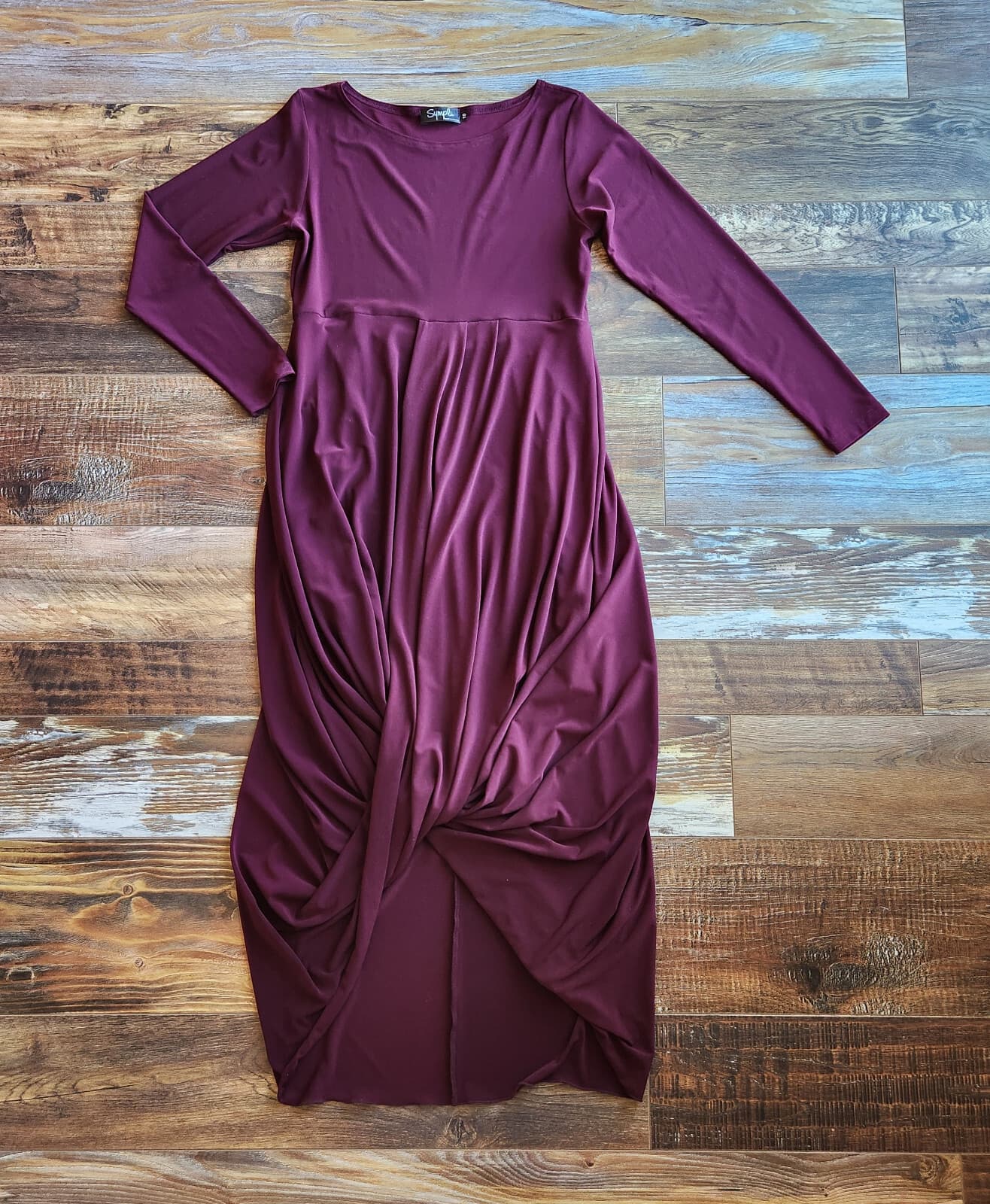 Sympli Swag Party Evening Jersey Draped Ruched Dress Long Sleeve Burgundy Sz.10 - Thumbnail 3