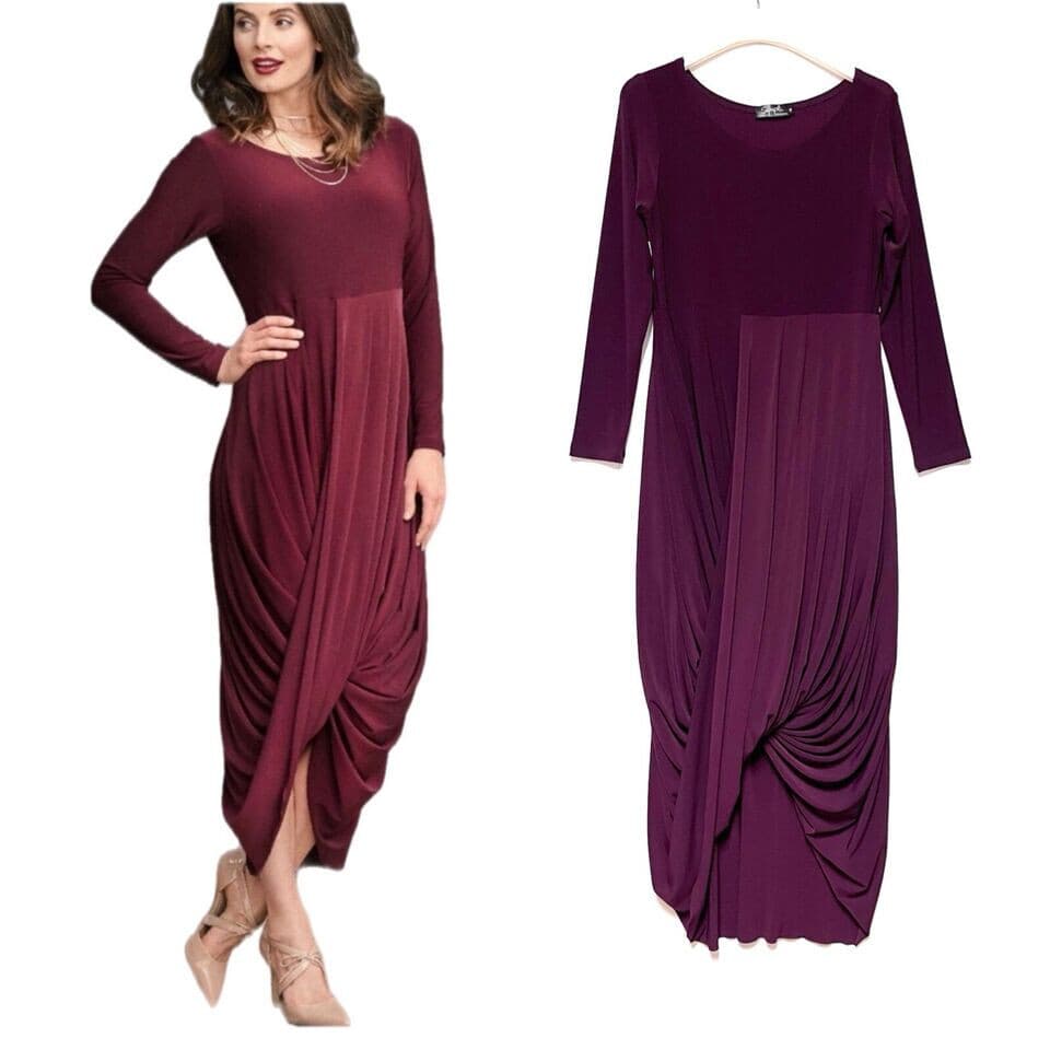 Sympli Swag Party Evening Jersey Draped Ruched Dress Long Sleeve Burgundy Sz.10 - Thumbnail 4