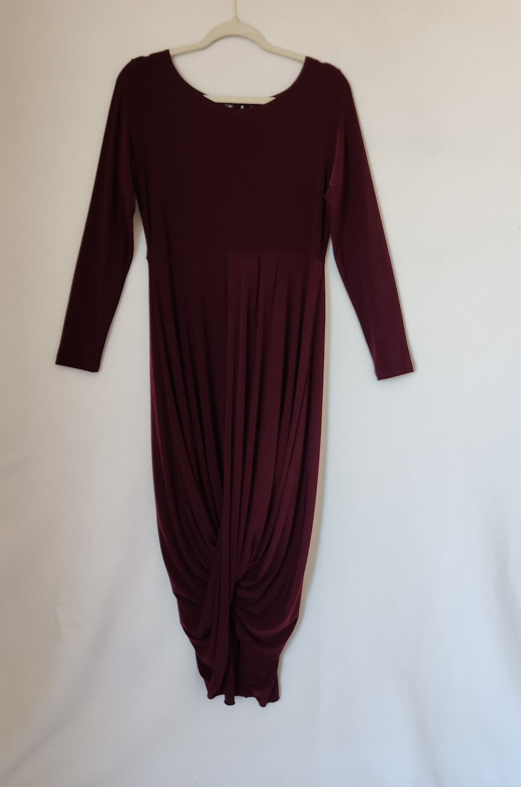 Sympli Swag Party Evening Jersey Draped Ruched Dress Long Sleeve Burgundy Sz.10 - Thumbnail 5