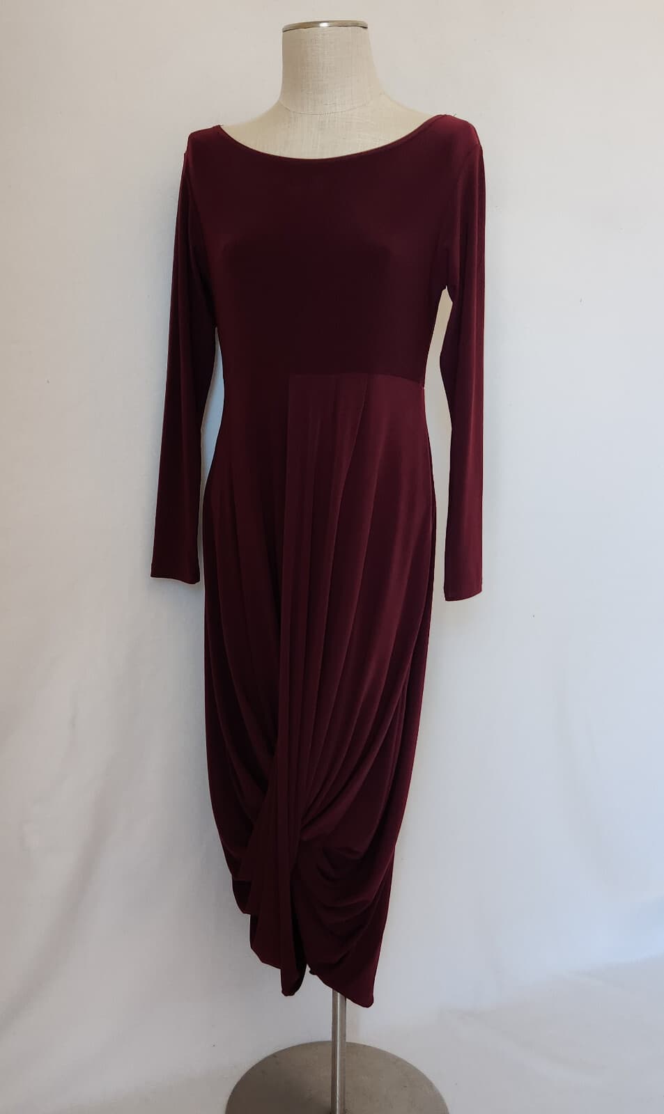 Sympli Swag Party Evening Jersey Draped Ruched Dress Long Sleeve Burgundy Sz.10 - Thumbnail 7