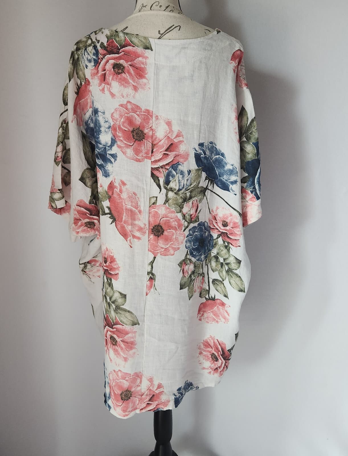 Made in Italy 100%Linen Floral Lagenlook Tunic Mini Dress Pocket V-Neck One Size - Thumbnail 4