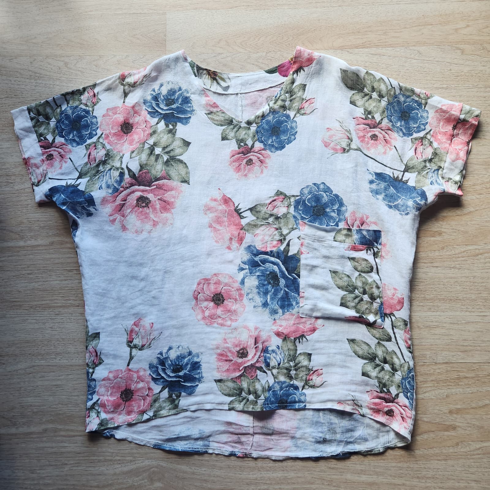 Made in Italy 100%Linen Floral Lagenlook Tunic Mini Dress Pocket V-Neck One Size - Thumbnail 5