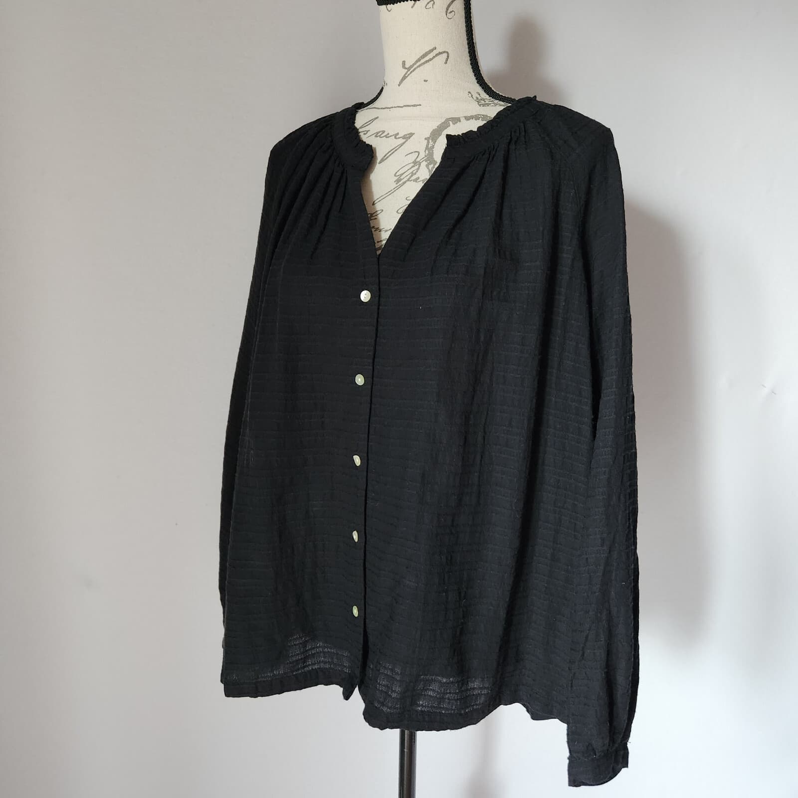NWT Marine Layer Nixi Collarless Blouse Long Sleeve Button Black Women XL $108 - Thumbnail 2