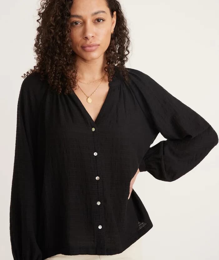 NWT Marine Layer Nixi Collarless Blouse Long Sleeve Button Black Women XL $108 - Thumbnail 3