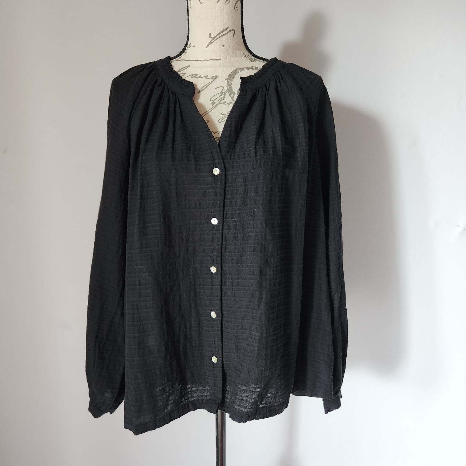 NWT Marine Layer Nixi Collarless Blouse Long Sleeve Button Black Women XL $108 - Thumbnail 4