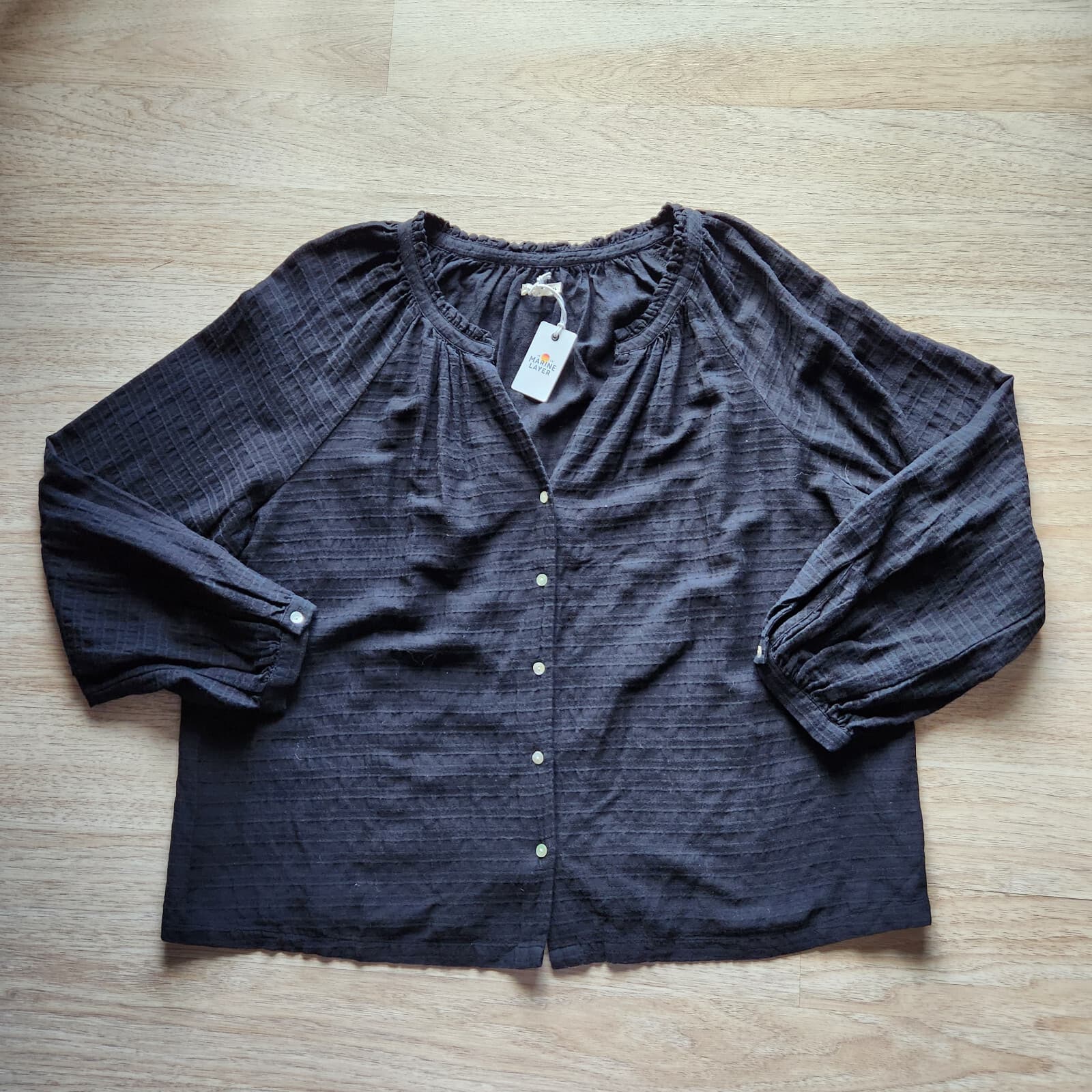 NWT Marine Layer Nixi Collarless Blouse Long Sleeve Button Black Women XL $108 - Thumbnail 6
