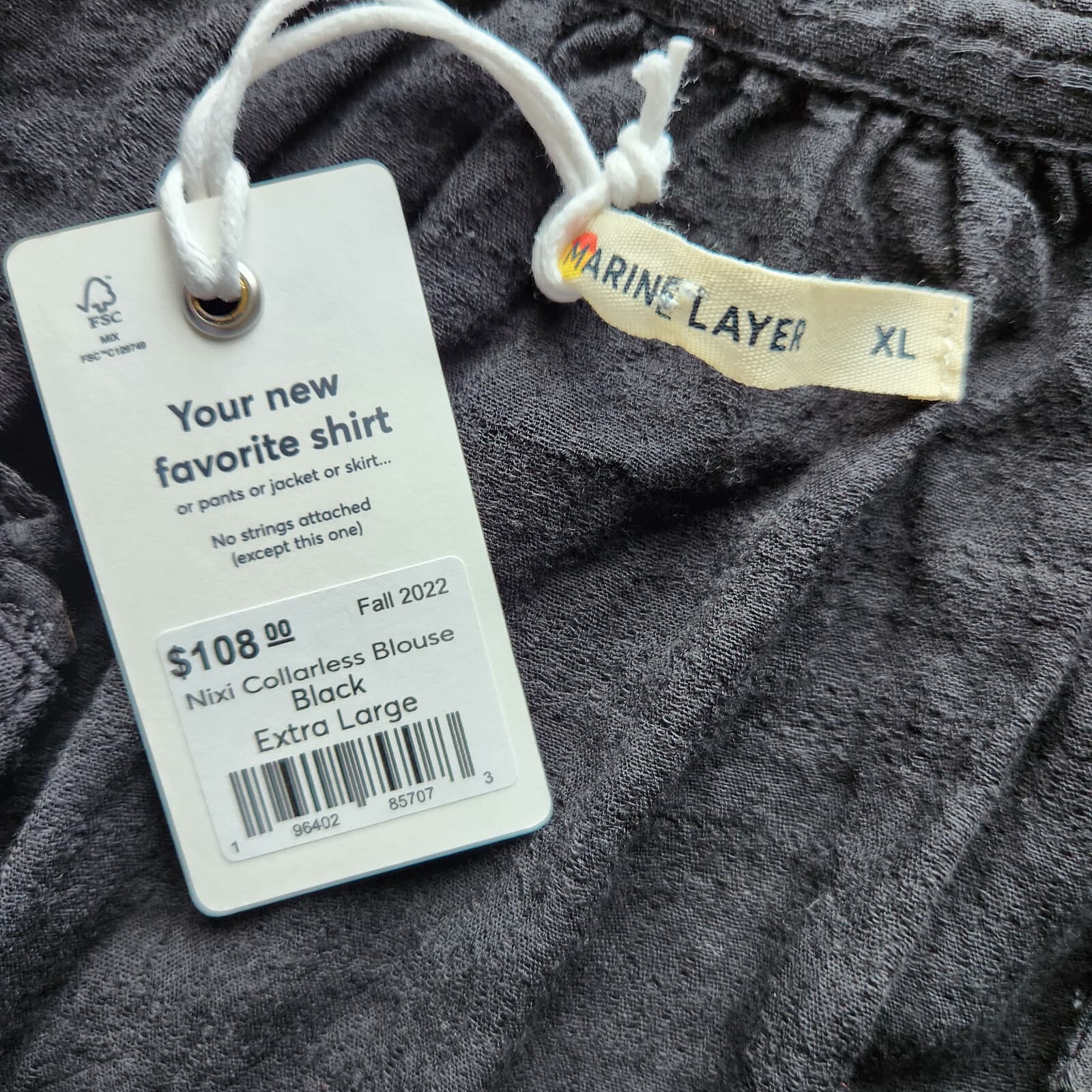 NWT Marine Layer Nixi Collarless Blouse Long Sleeve Button Black Women XL $108 - Thumbnail 11