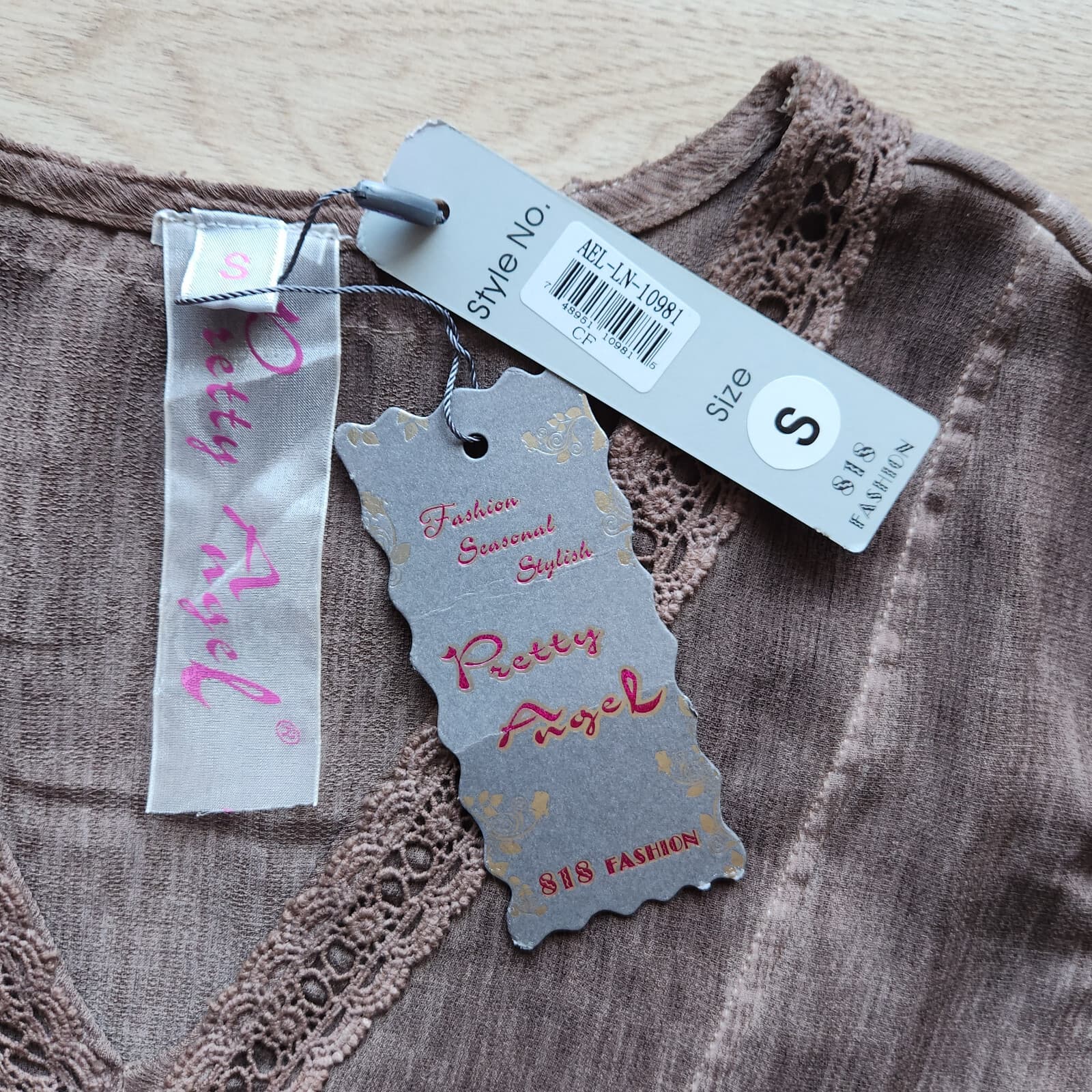 NWT Pretty Angel Linen Blend Lace Trim V-Neck Peplum Top Sleeveless Brown Sz.S - Thumbnail 6