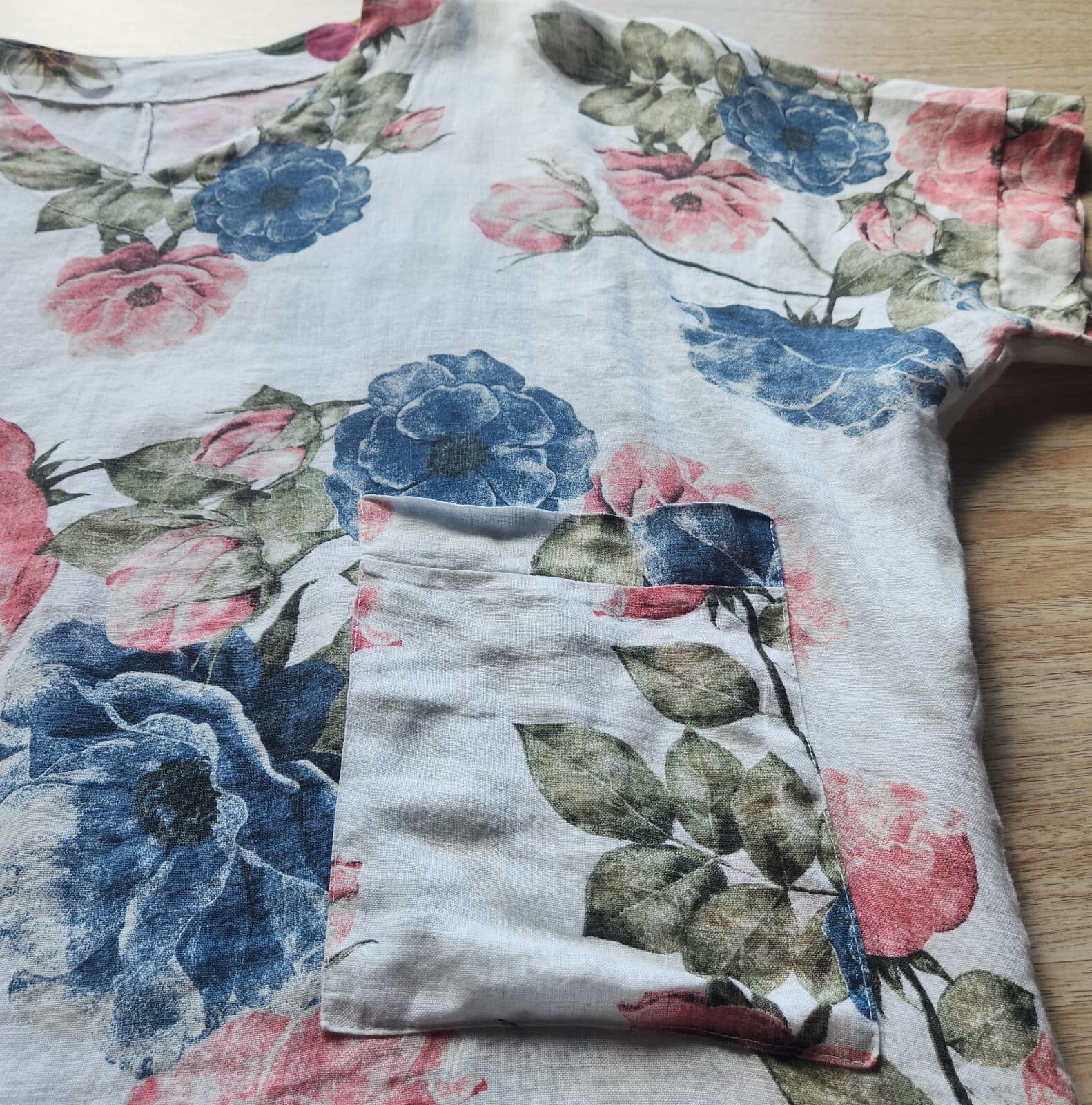 Made in Italy 100%Linen Floral Lagenlook Tunic Mini Dress Pocket V-Neck One Size - Thumbnail 6