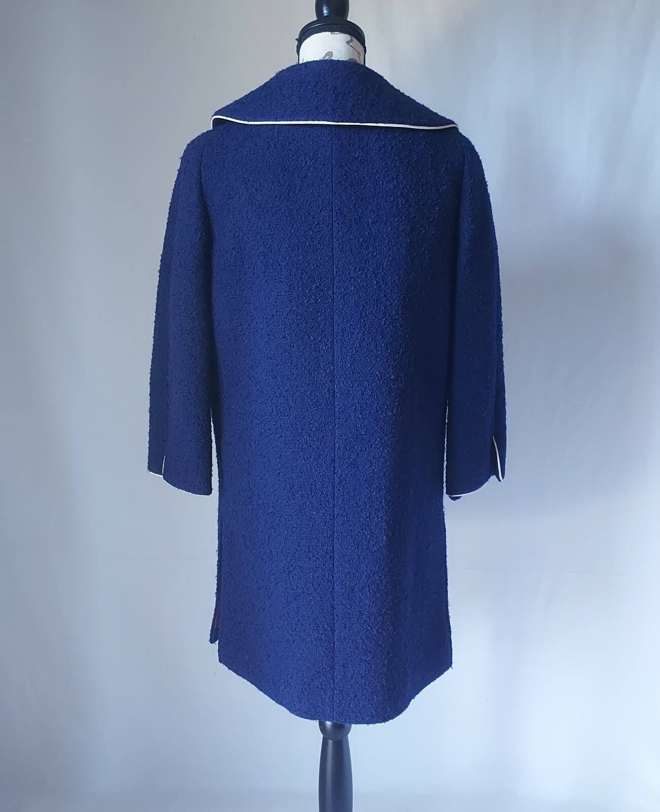 Vintage Custom Made 2Pc Tweed Wool Top + Overcoat Button Navy Blue Women Sz.10 - Thumbnail 9